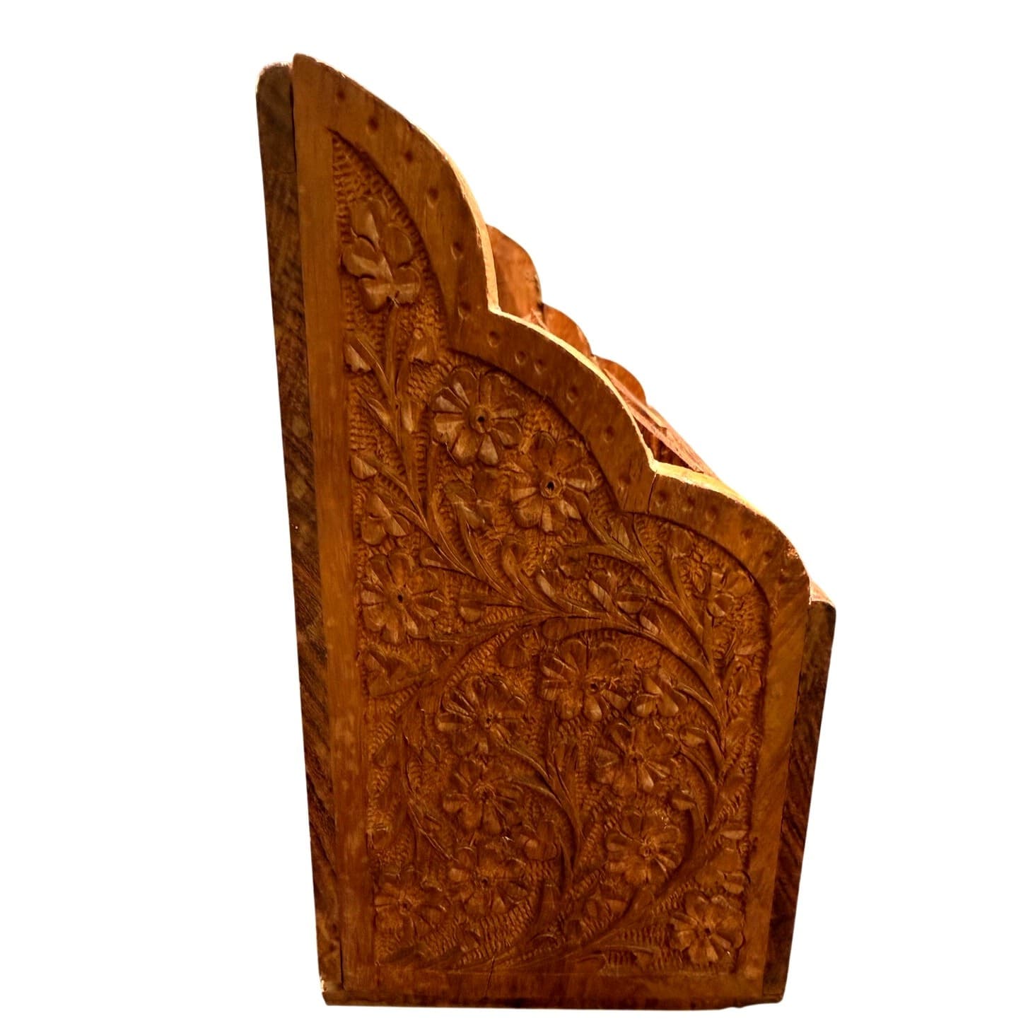 Vintage India Hand Carved Floral Wooden Mail Brass Inlay Organizer Letter Holder - Thumbnail 4