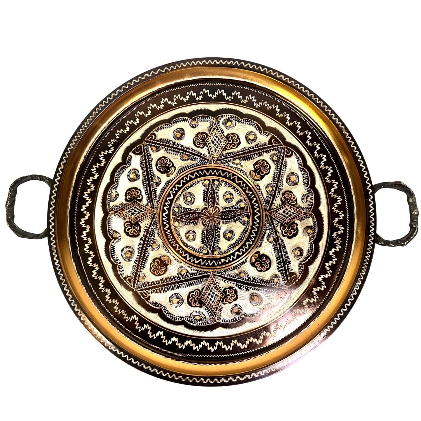 Turkish Vintage Gulnur Artisan Hand Etched Copper Decorative 13" Serving Tray