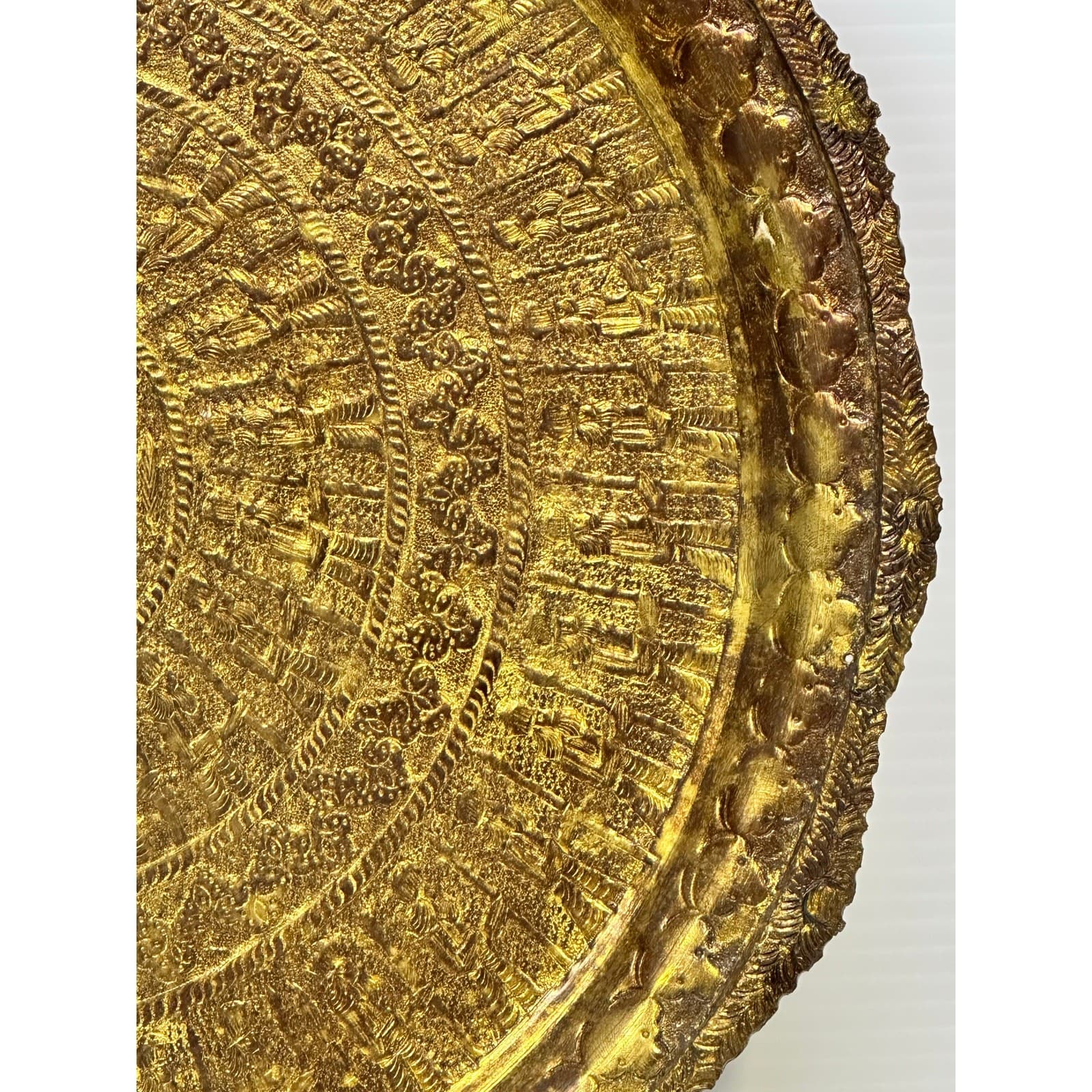 Antique Syrian Islamic Art Large Artisan Brass Hand Crafted Hammered 14" Tray - Thumbnail 9