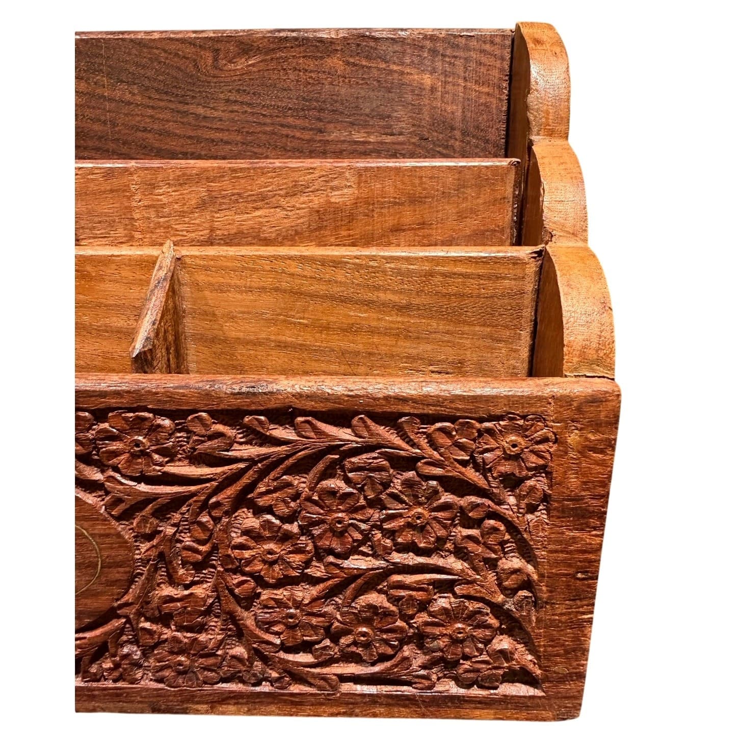 Vintage India Hand Carved Floral Wooden Mail Brass Inlay Organizer Letter Holder - Thumbnail 9
