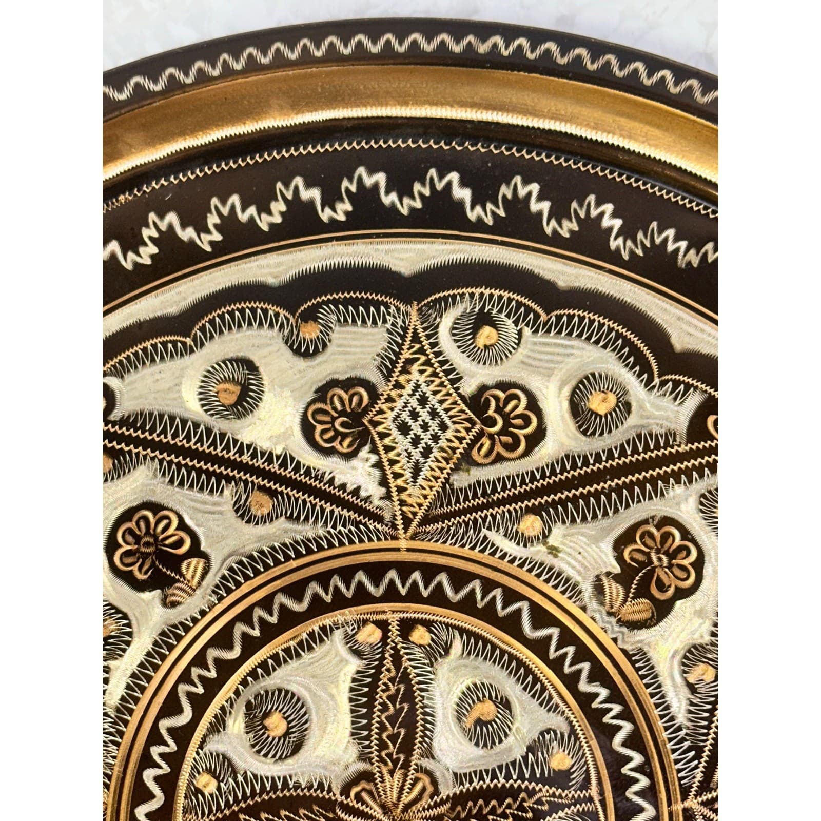 Turkish Vintage Gulnur Artisan Hand Etched Copper Decorative 13" Serving Tray - Thumbnail 4