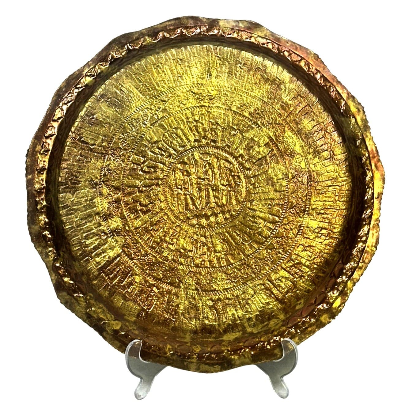 Antique Syrian Islamic Art Large Artisan Brass Hand Crafted Hammered 14" Tray - Thumbnail 3