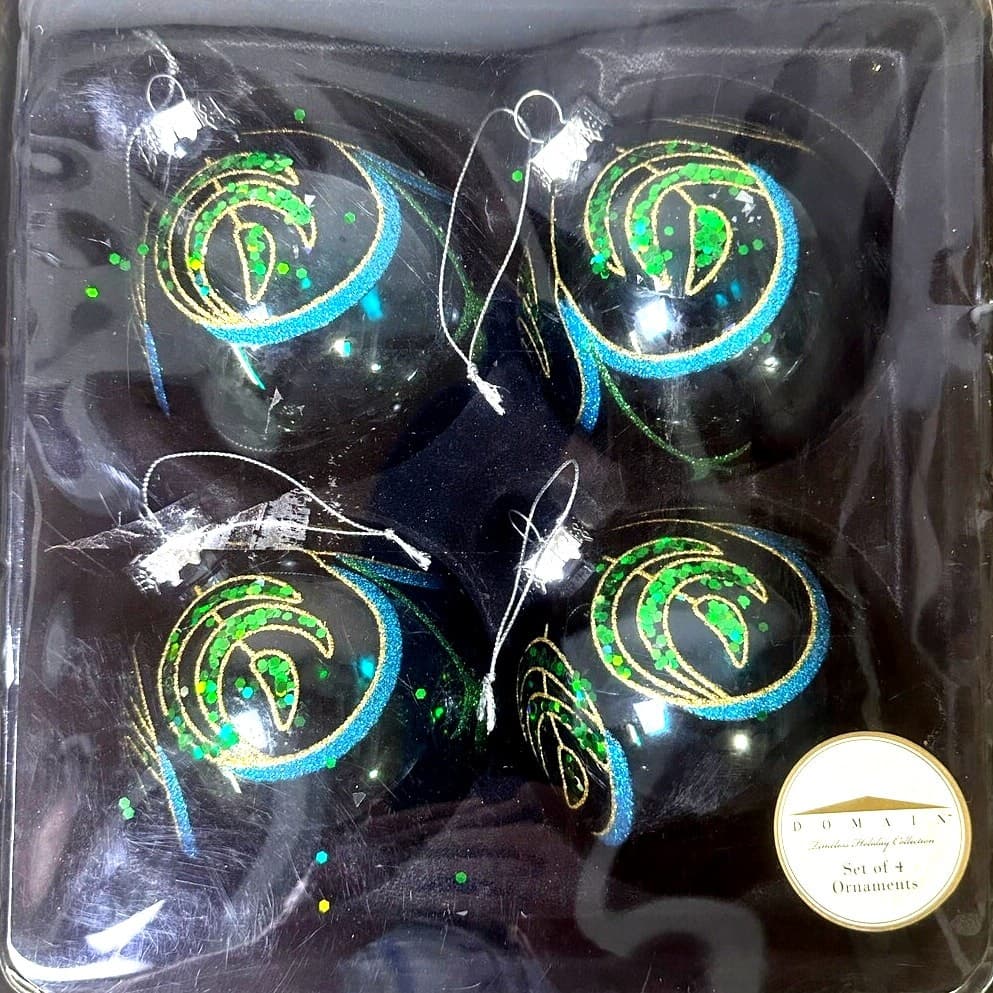 Domain "Peacock" 4" Christmas Ornaments Turquoise Green Gold Sequins-Set of 4 - Thumbnail 6