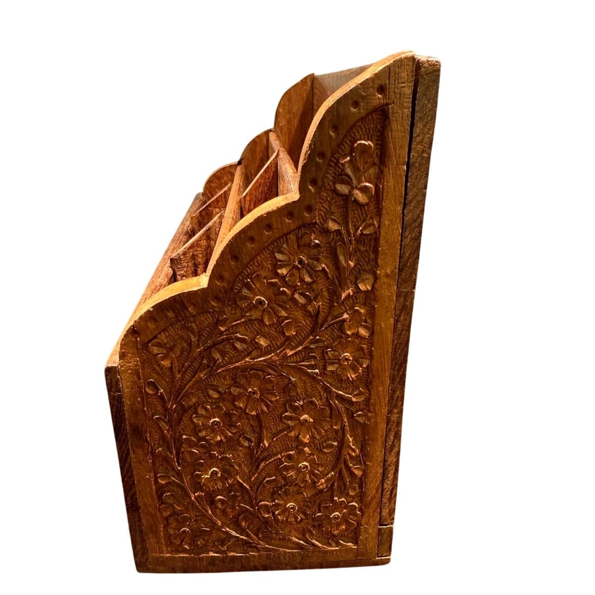 Vintage India Hand Carved Floral Wooden Mail Brass Inlay Organizer Letter Holder - Thumbnail 6