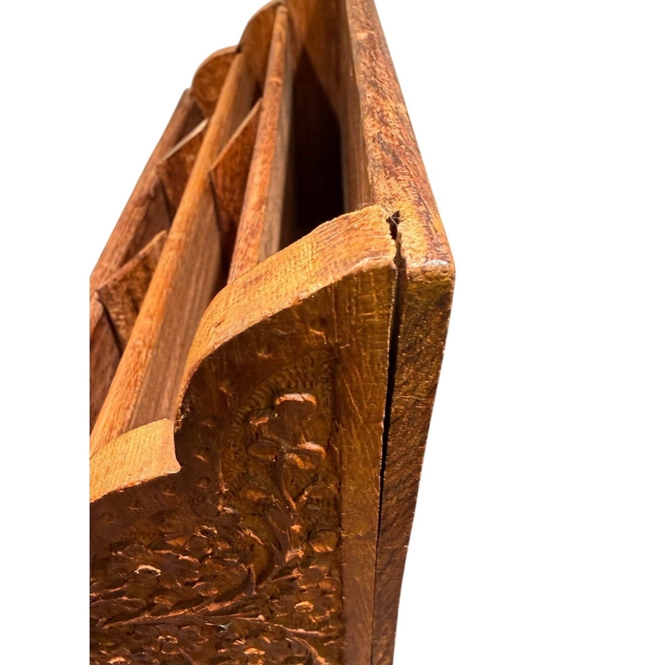 Vintage India Hand Carved Floral Wooden Mail Brass Inlay Organizer Letter Holder - Thumbnail 11