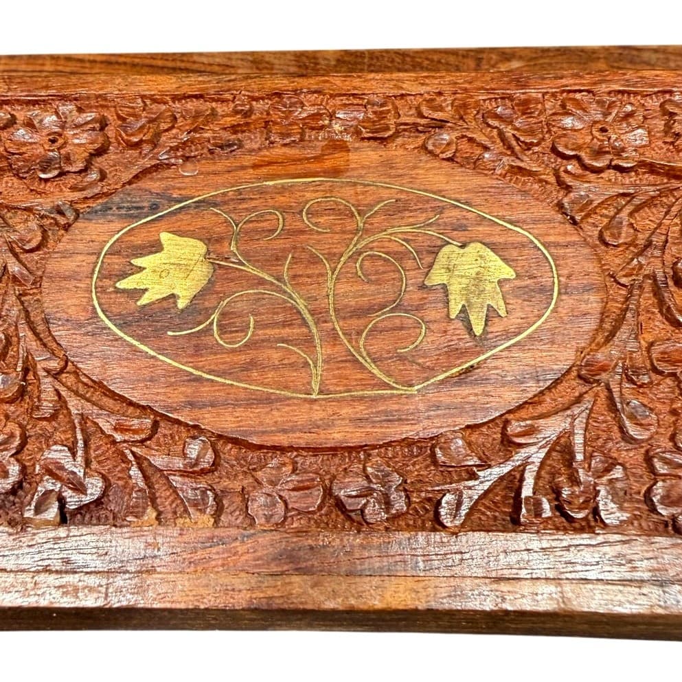 Vintage India Hand Carved Floral Wooden Mail Brass Inlay Organizer Letter Holder - Thumbnail 5