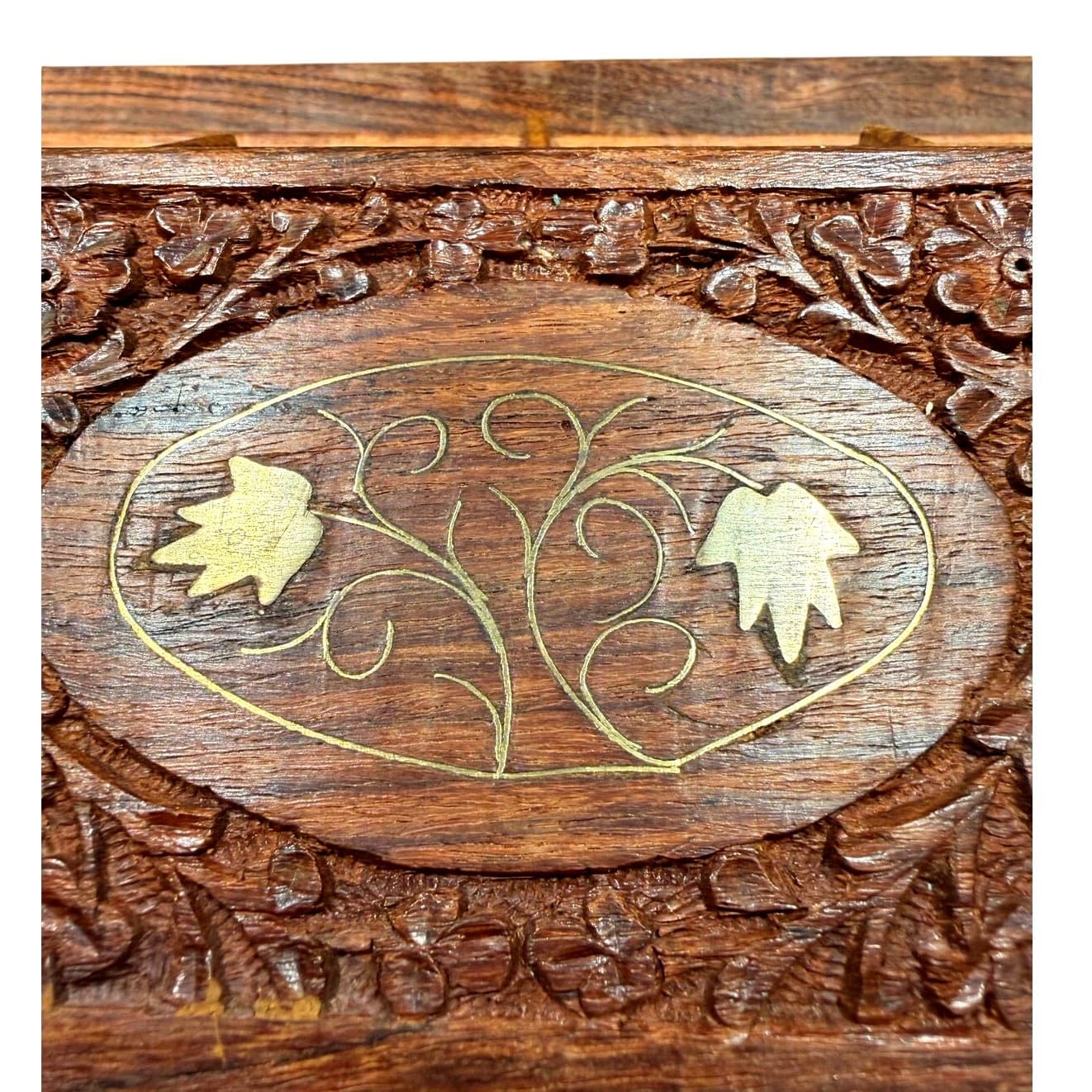 Vintage India Hand Carved Floral Wooden Mail Brass Inlay Organizer Letter Holder - Thumbnail 2