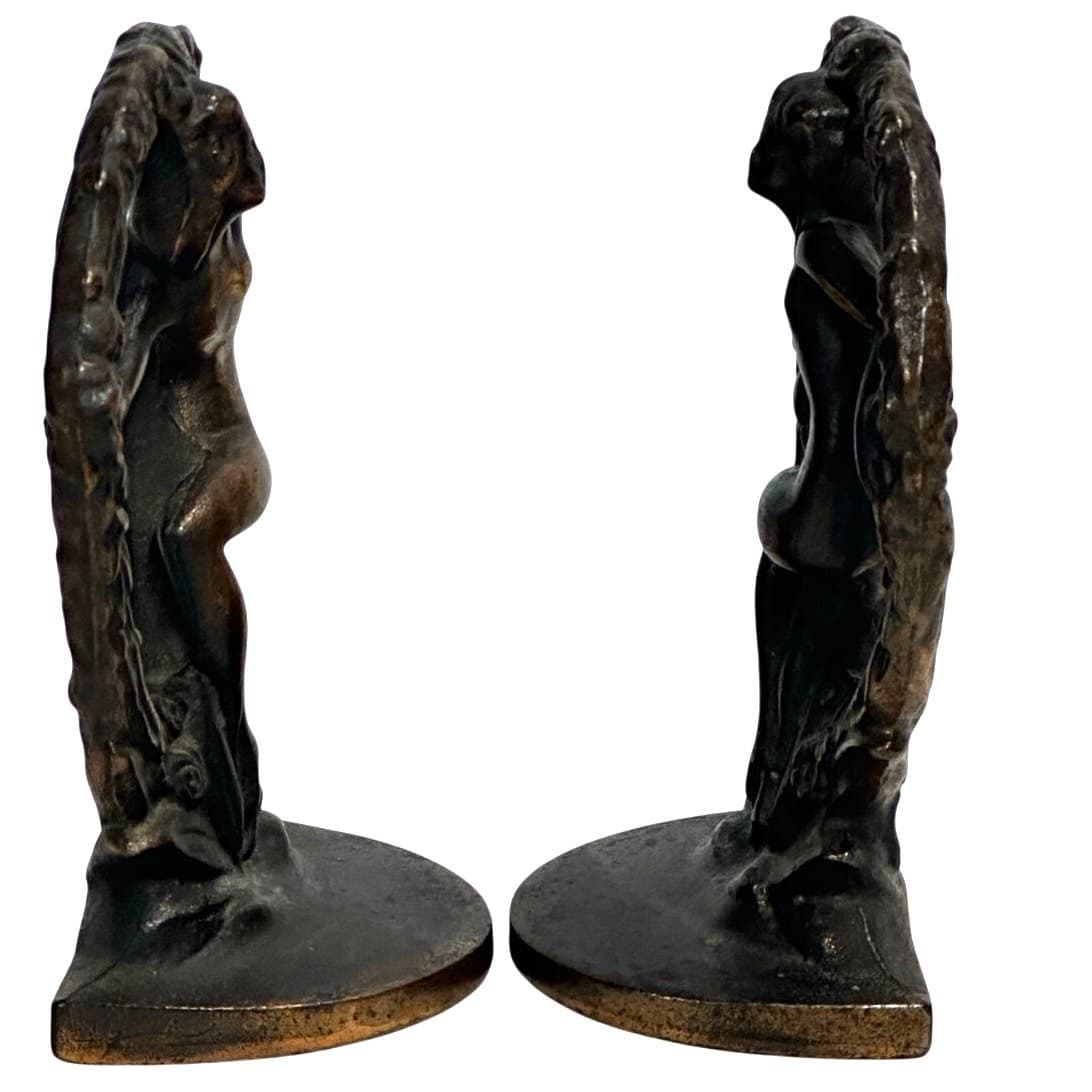 Antique Art Nouveau Heavy Cast 'Nude in Wreath' Set of Bookends Bronze Finish - Thumbnail 6