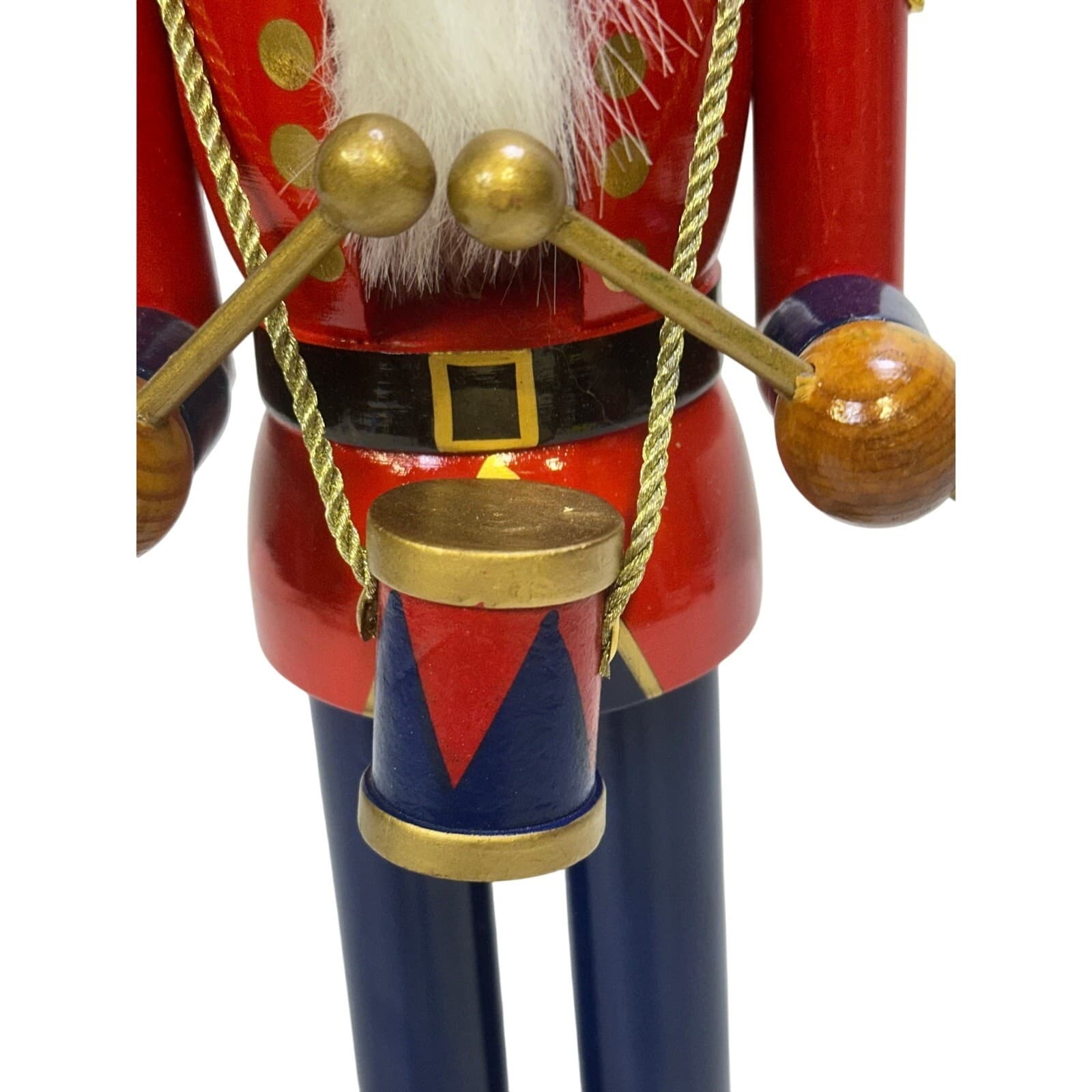 Festive Holiday Drummer Soldier 14" Wooden Red Blue Gold Nutcracker with Drum - Thumbnail 2