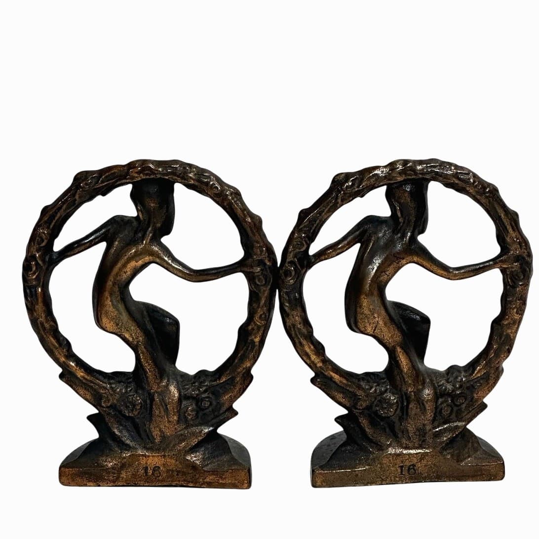 Antique Art Nouveau Heavy Cast 'Nude in Wreath' Set of Bookends Bronze Finish - Thumbnail 3