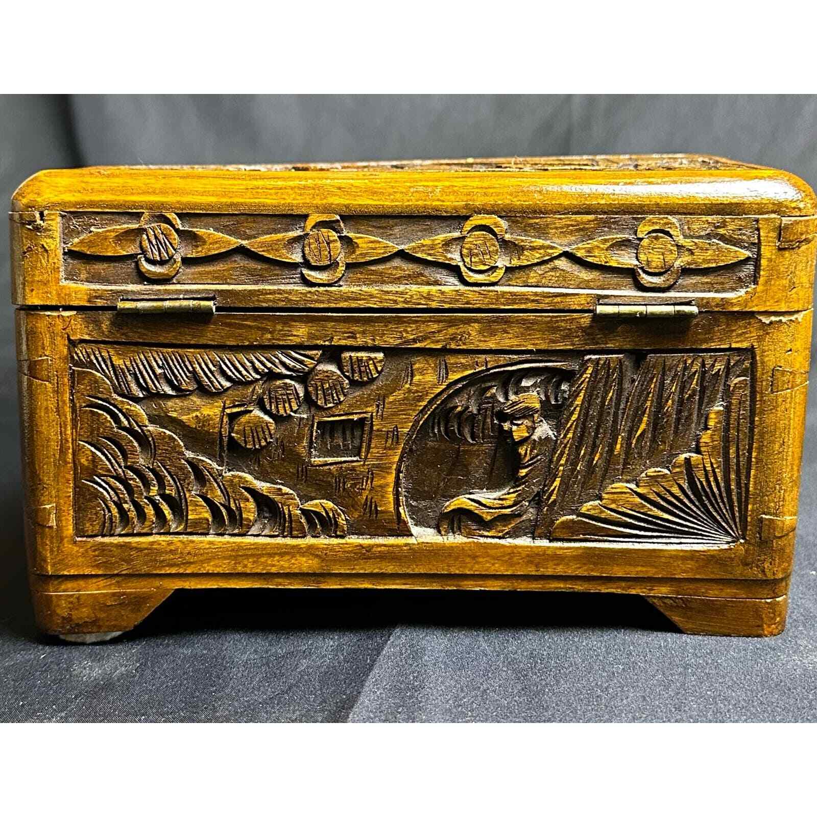 Old Vintage Chinese Carved Camphor Timber Wooden Chest Jewelry Vanity Tea Box - Thumbnail 5