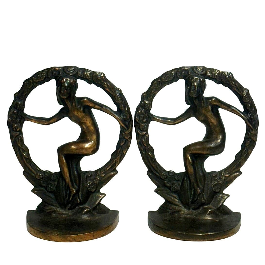 Antique Art Nouveau Heavy Cast 'Nude in Wreath' Set of Bookends Bronze Finish