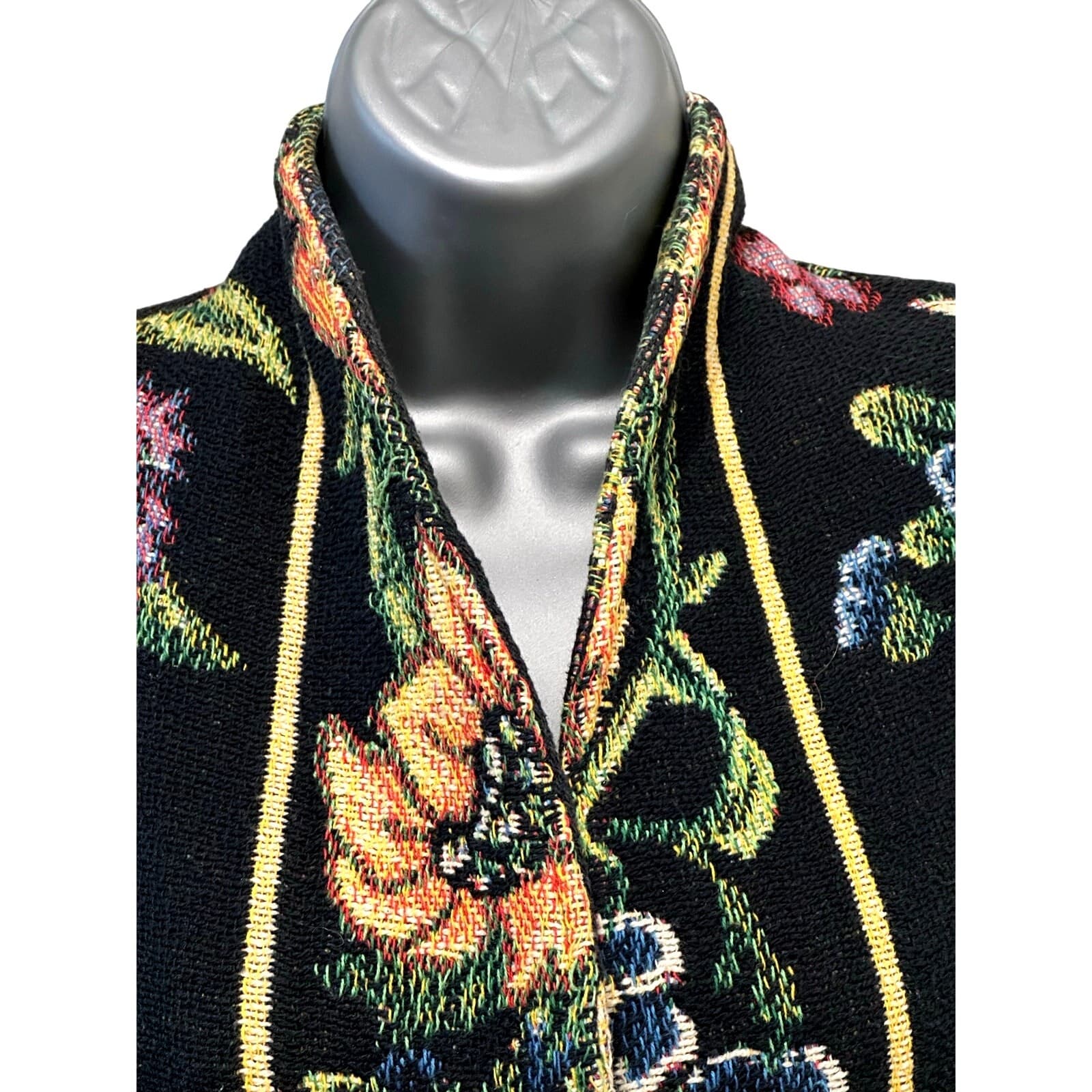 Oxford Vintage Dark Vibrant Floral Design Shawl Collar Tapestry Vest-Small - Thumbnail 2