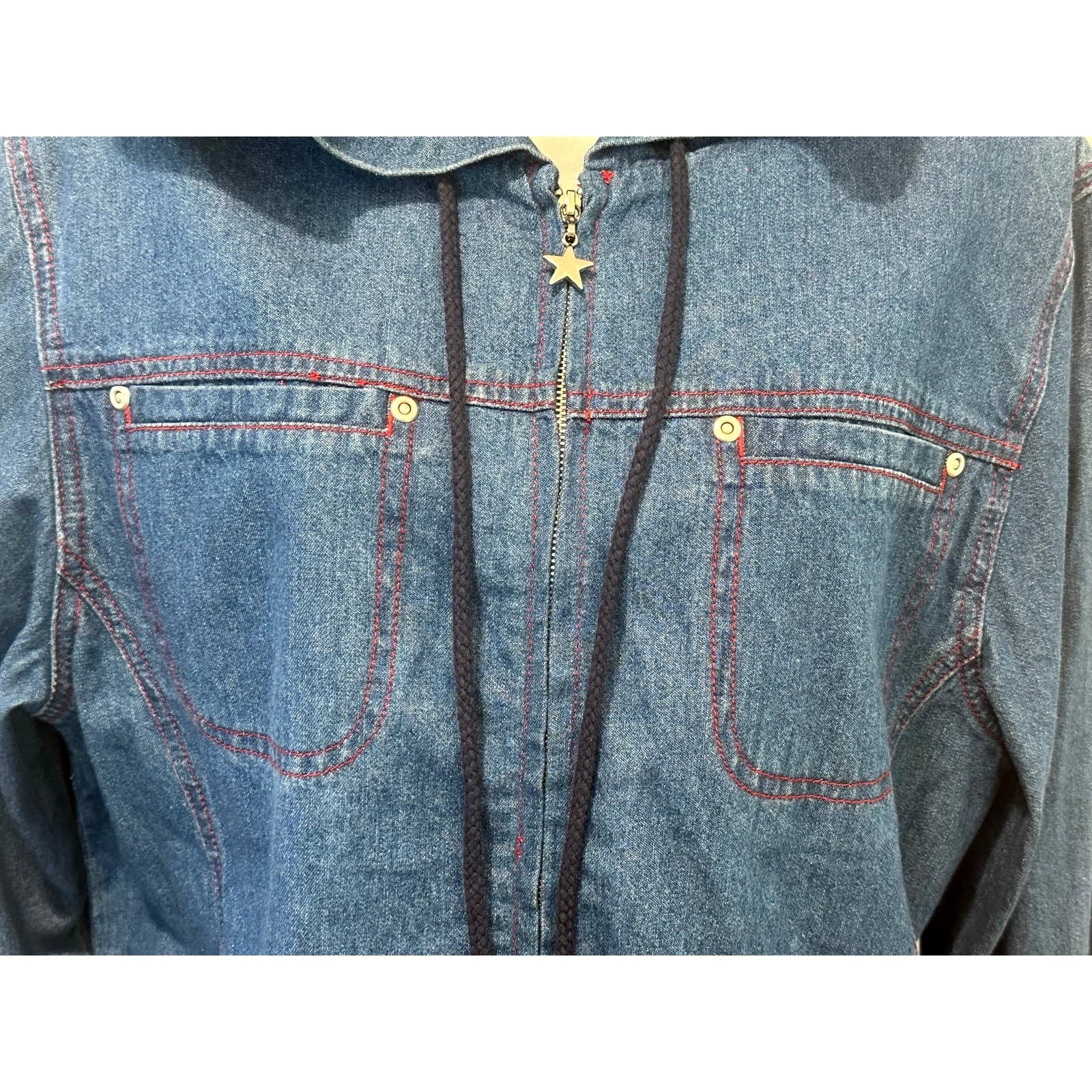 T & Company Women's Denim Hooded Jacket w/ USA Flag Inside Lining-Size M - Thumbnail 4