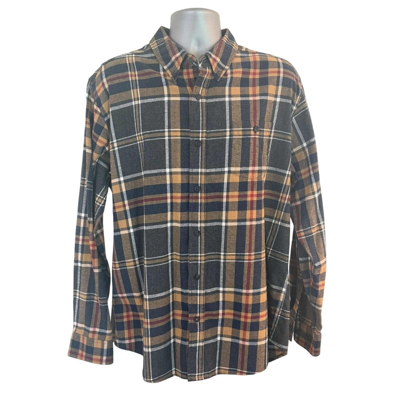 Weatherproof Vintage Men's XL Plaid Flannel Button Down Shirt Gray Tan Cotton