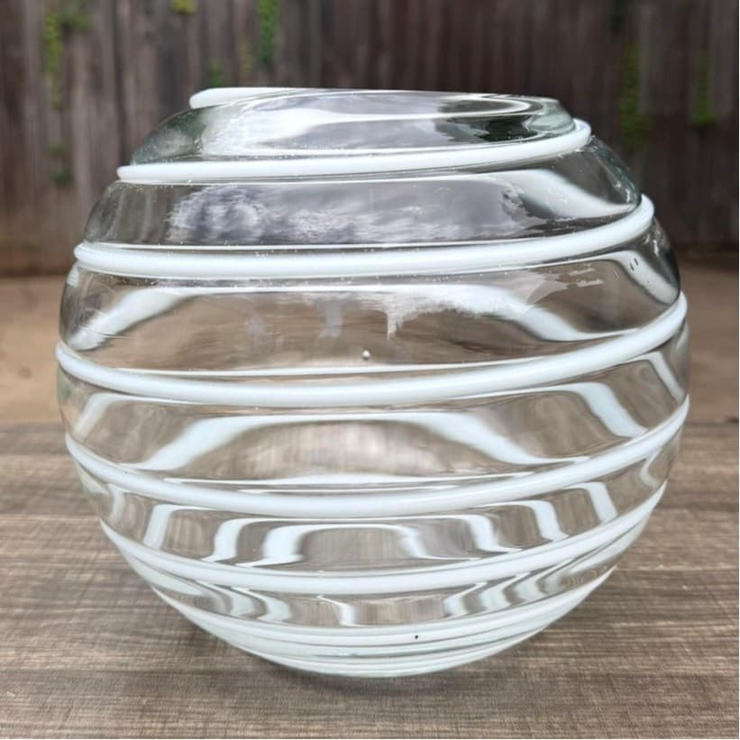 Vintage Hand Blown Clear Art Glass Globe Vase White Spiral Ribbon 7" MCM - Thumbnail 3