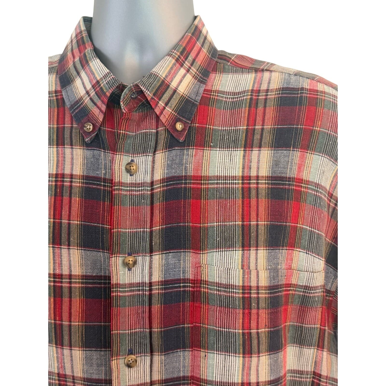OSCC Old School Clothing Co Mens L 100% Linen Plaid Short Sleeve Shirt Red - Thumbnail 2