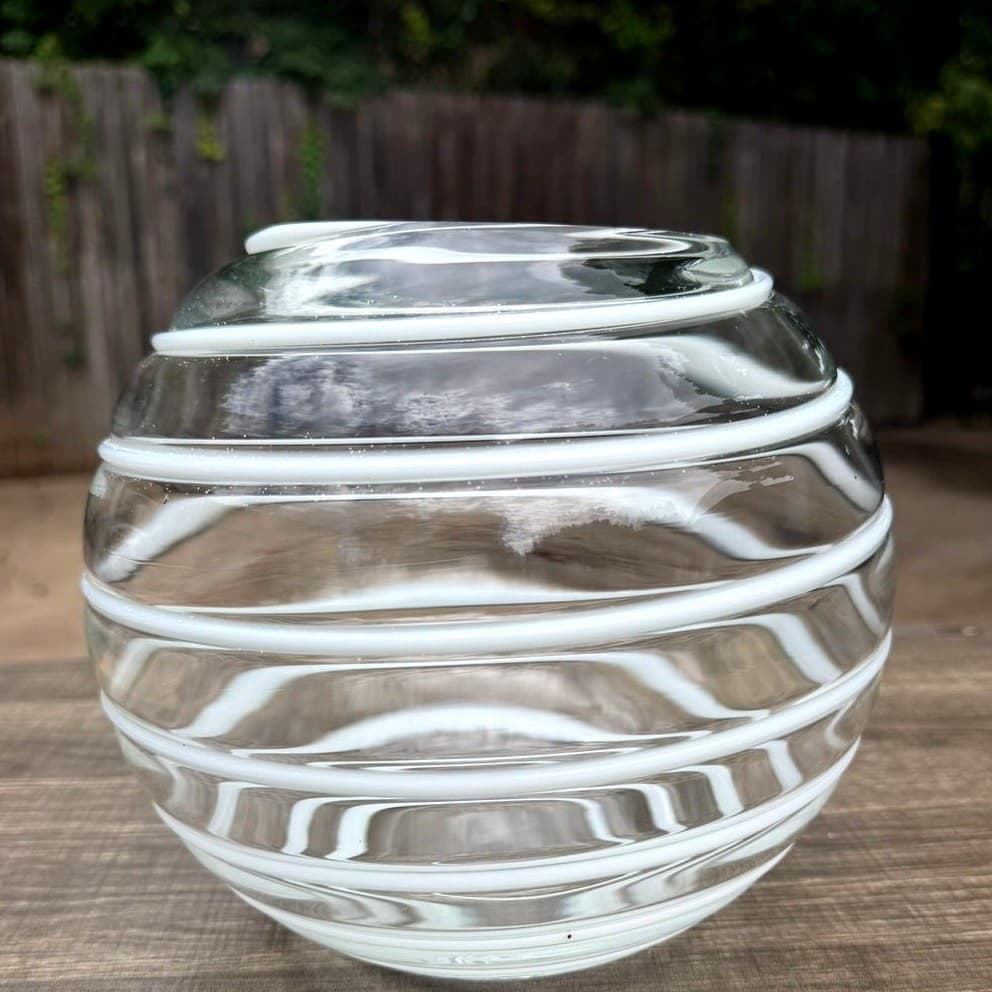Vintage Hand Blown Clear Art Glass Globe Vase White Spiral Ribbon 7" MCM