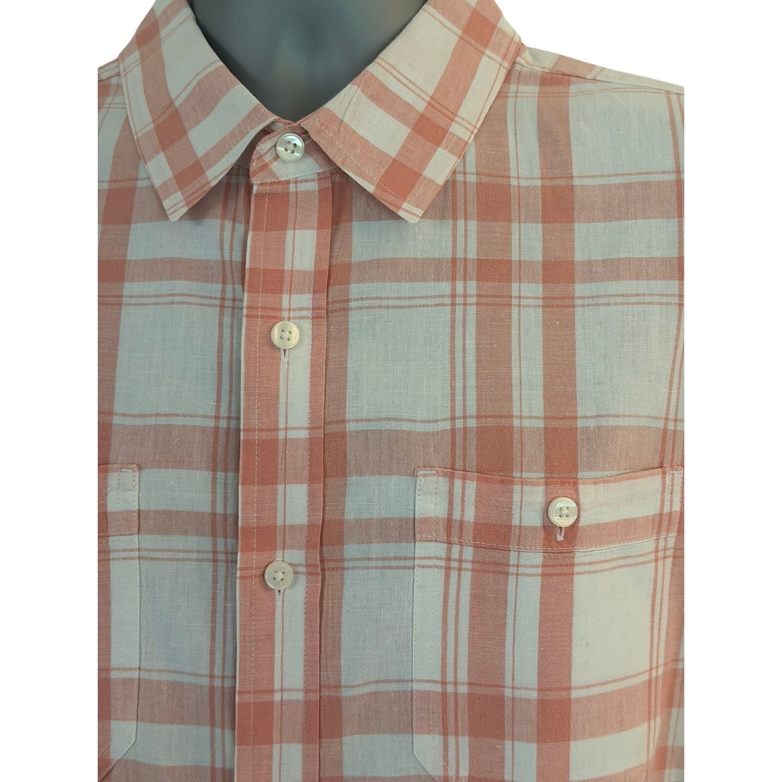 L.L.Bean Men's XL Linen Cotton Plaid Button Front Shirt Peach White Long Sleeve - Thumbnail 2