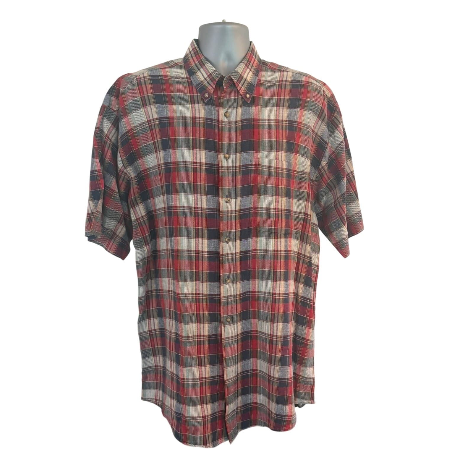 OSCC Old School Clothing Co Mens L 100% Linen Plaid Short Sleeve Shirt Red