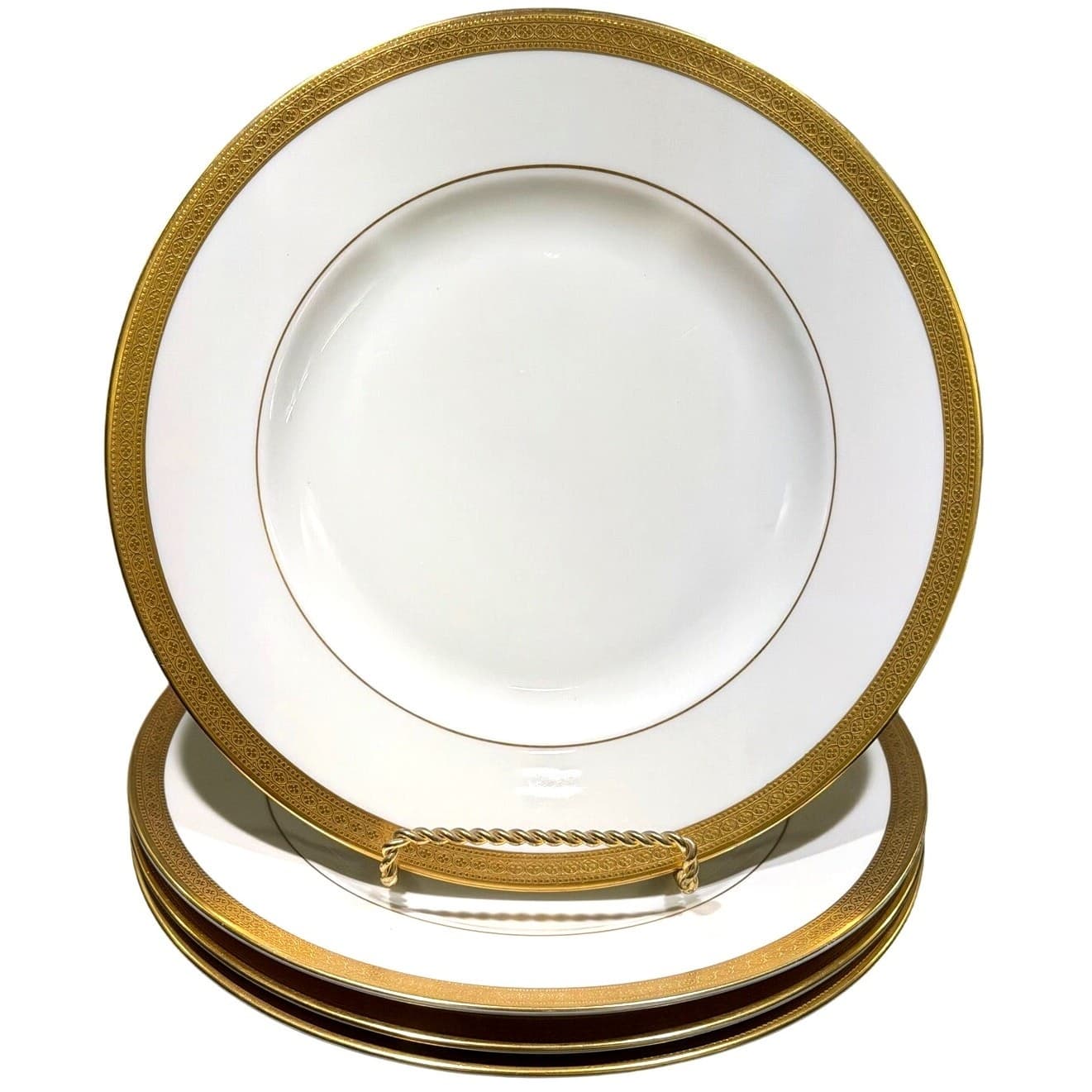Syracuse China Bracelet Old Ivory Retired Dinner Plates Encrusted Gold-Set of 4