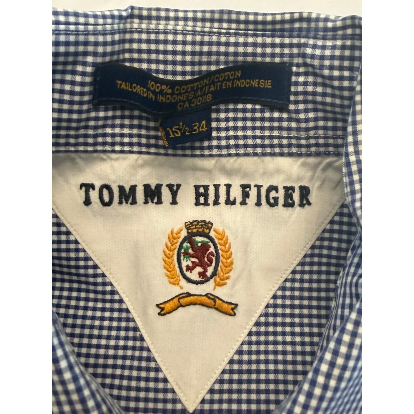 Tommy Hilfiger Men's 15.5 34 Blue White Gingham Short Sleeve Button Shirt - Thumbnail 5