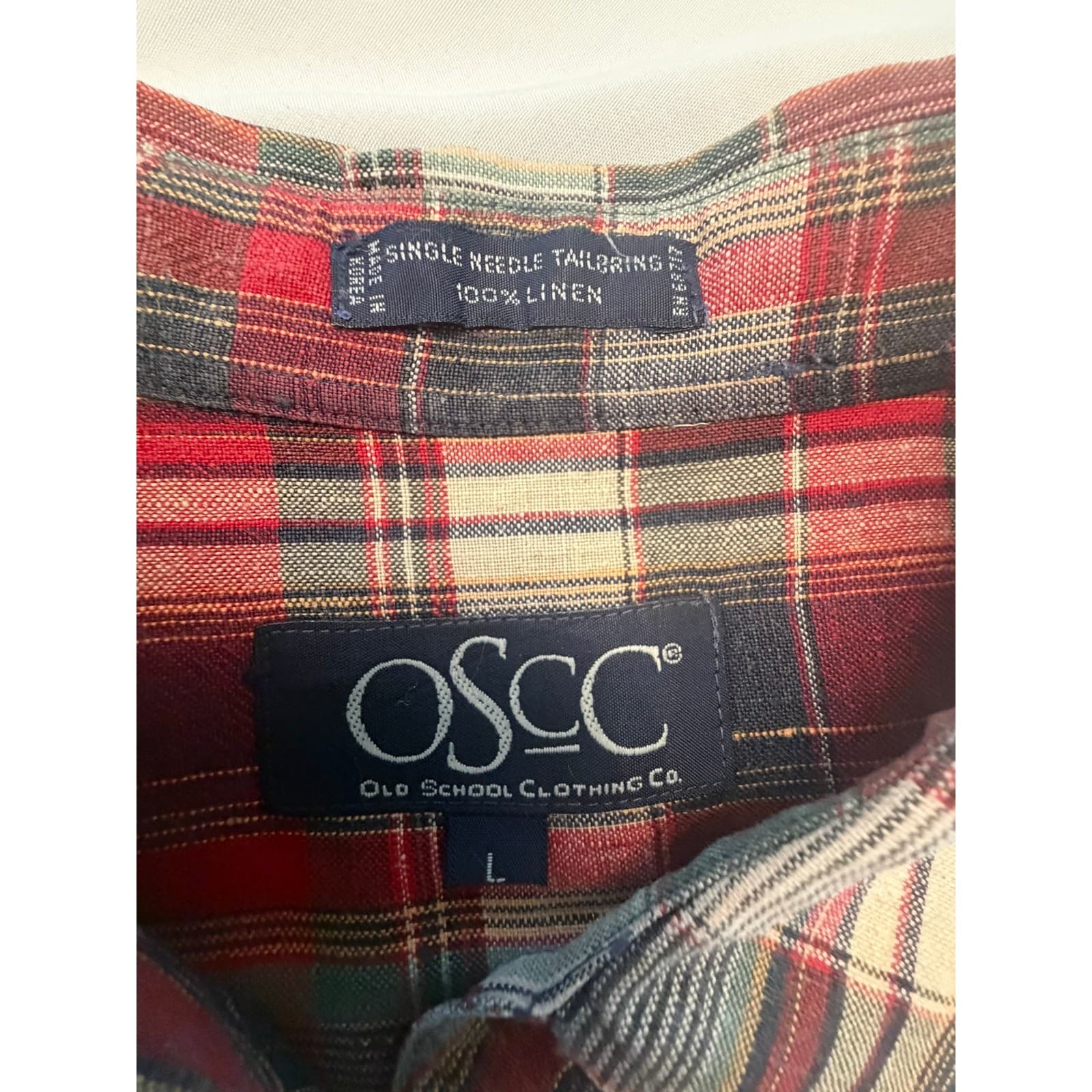 OSCC Old School Clothing Co Mens L 100% Linen Plaid Short Sleeve Shirt Red - Thumbnail 5