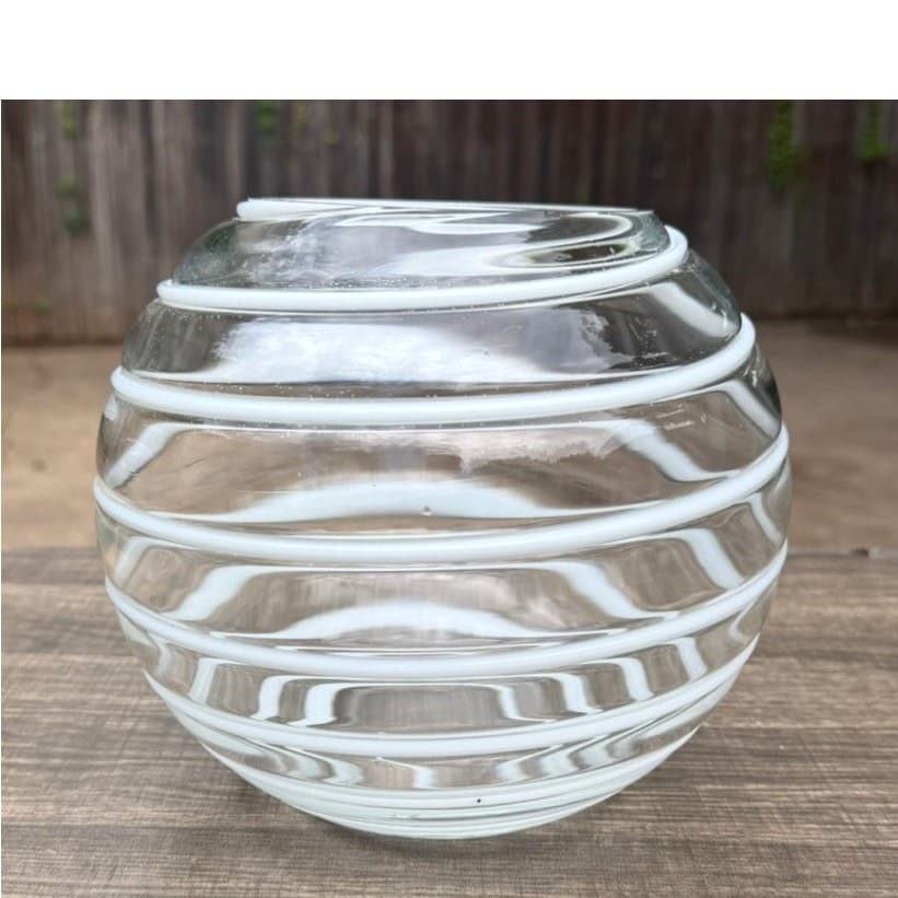 Vintage Hand Blown Clear Art Glass Globe Vase White Spiral Ribbon 7" MCM - Thumbnail 5