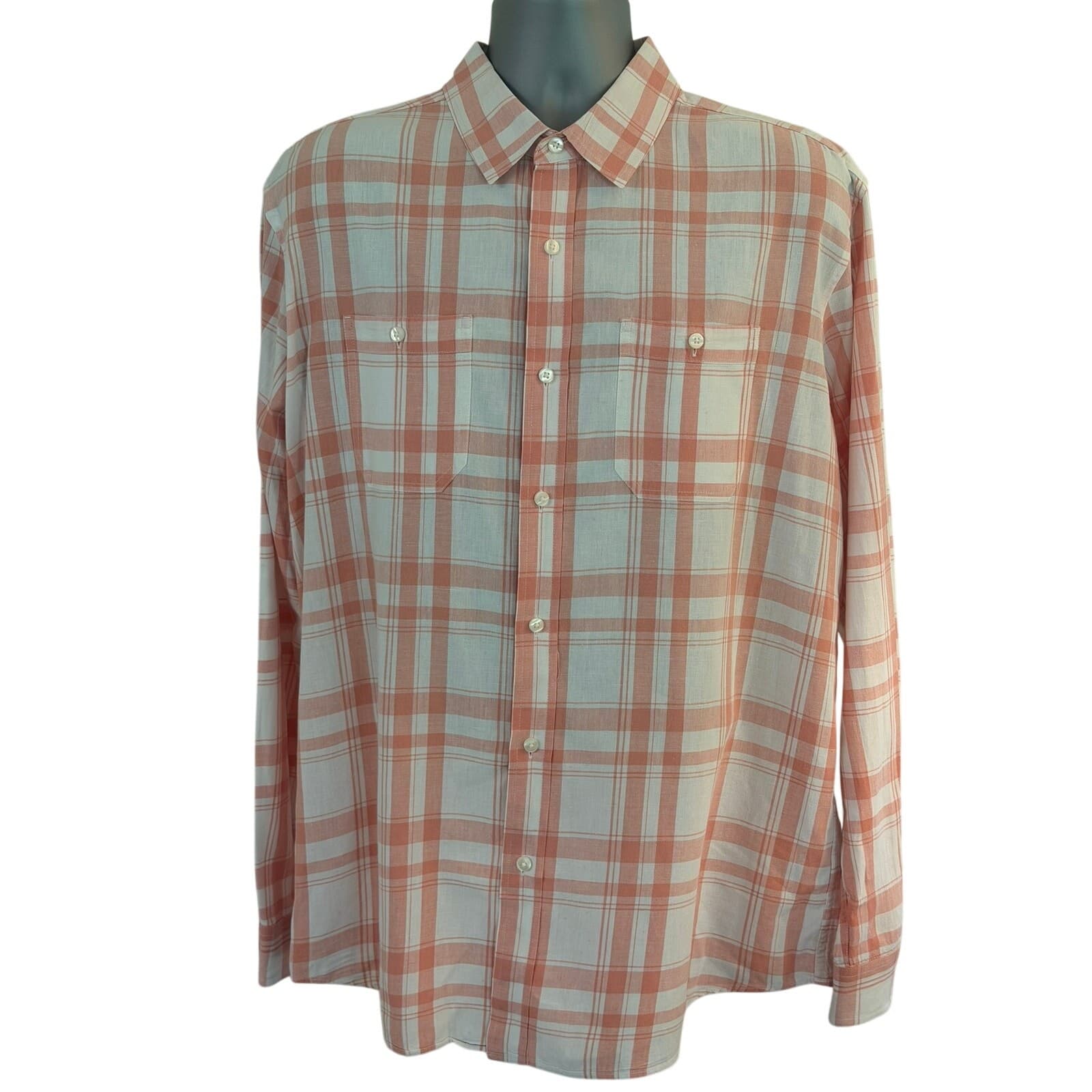 L.L.Bean Men's XL Linen Cotton Plaid Button Front Shirt Peach White Long Sleeve