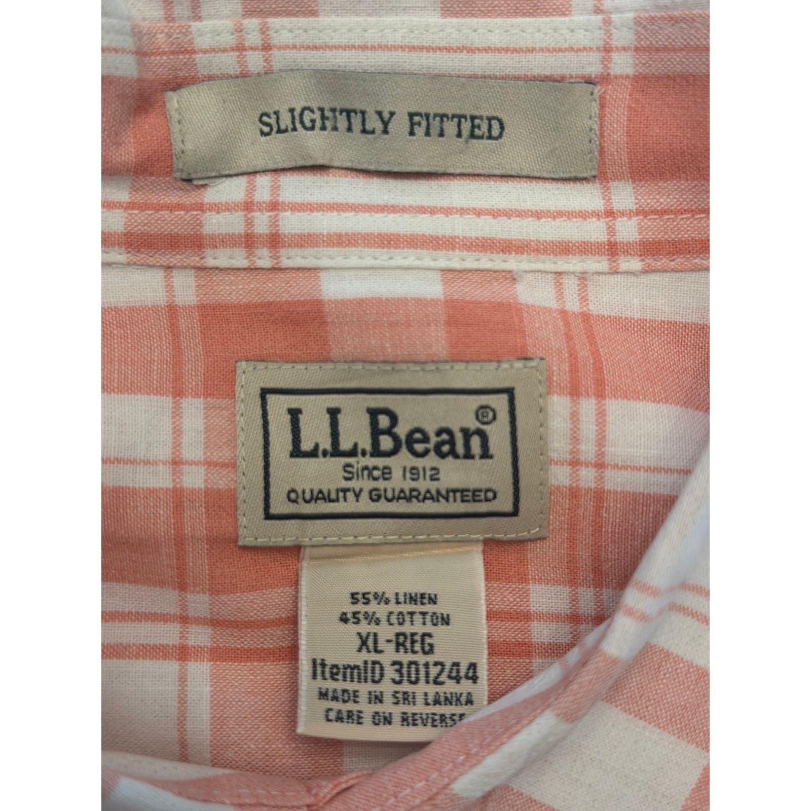 L.L.Bean Men's XL Linen Cotton Plaid Button Front Shirt Peach White Long Sleeve - Thumbnail 4