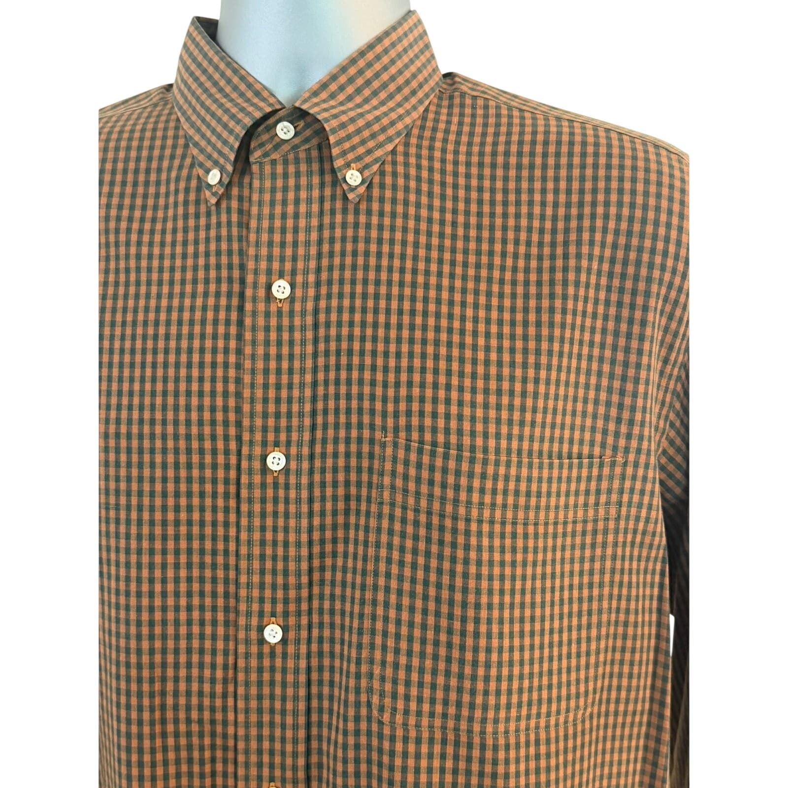 Lands' End Mens XL Button Down Shirt Brown Rust Gingham Check Long Sleeve - Thumbnail 2