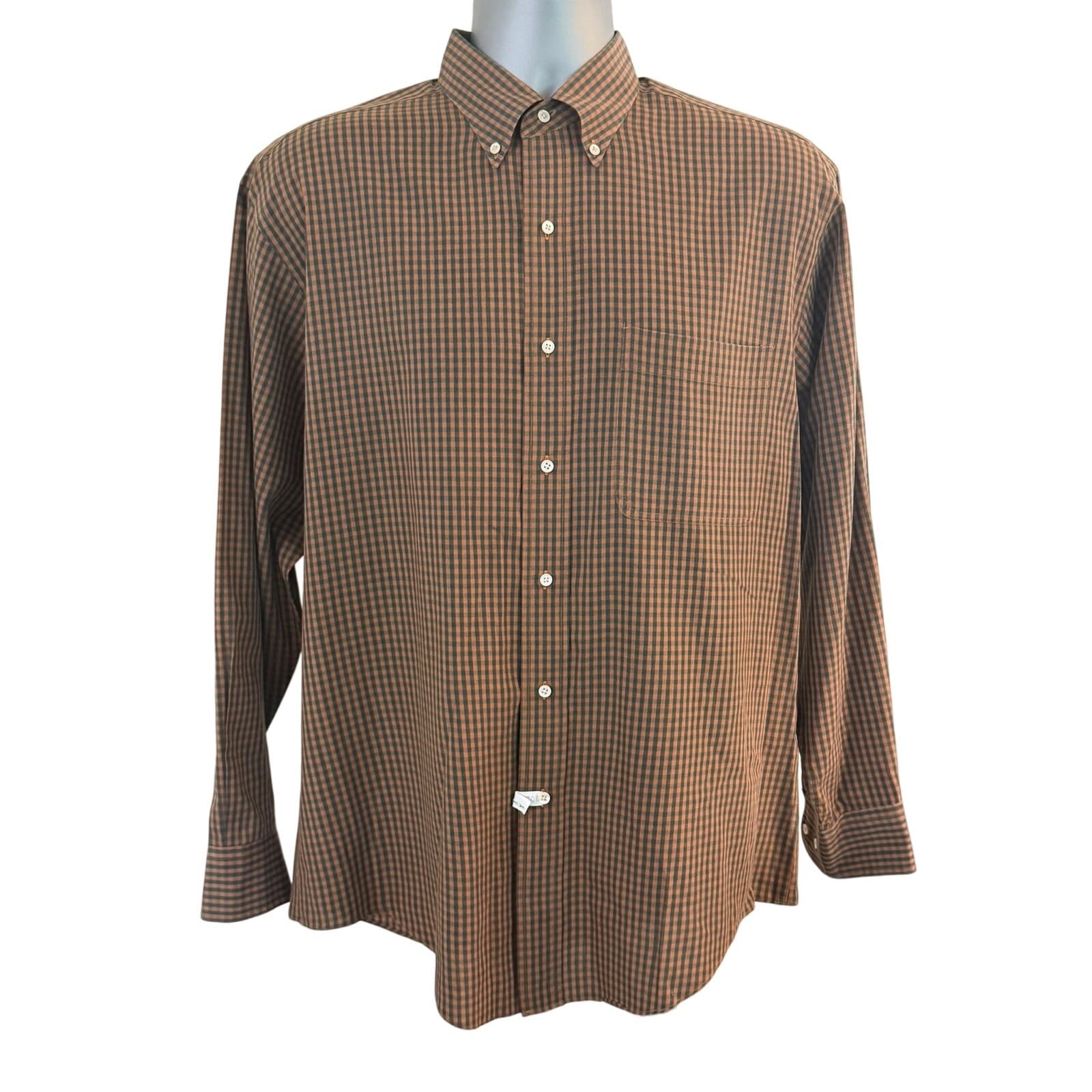 Lands' End Mens XL Button Down Shirt Brown Rust Gingham Check Long Sleeve