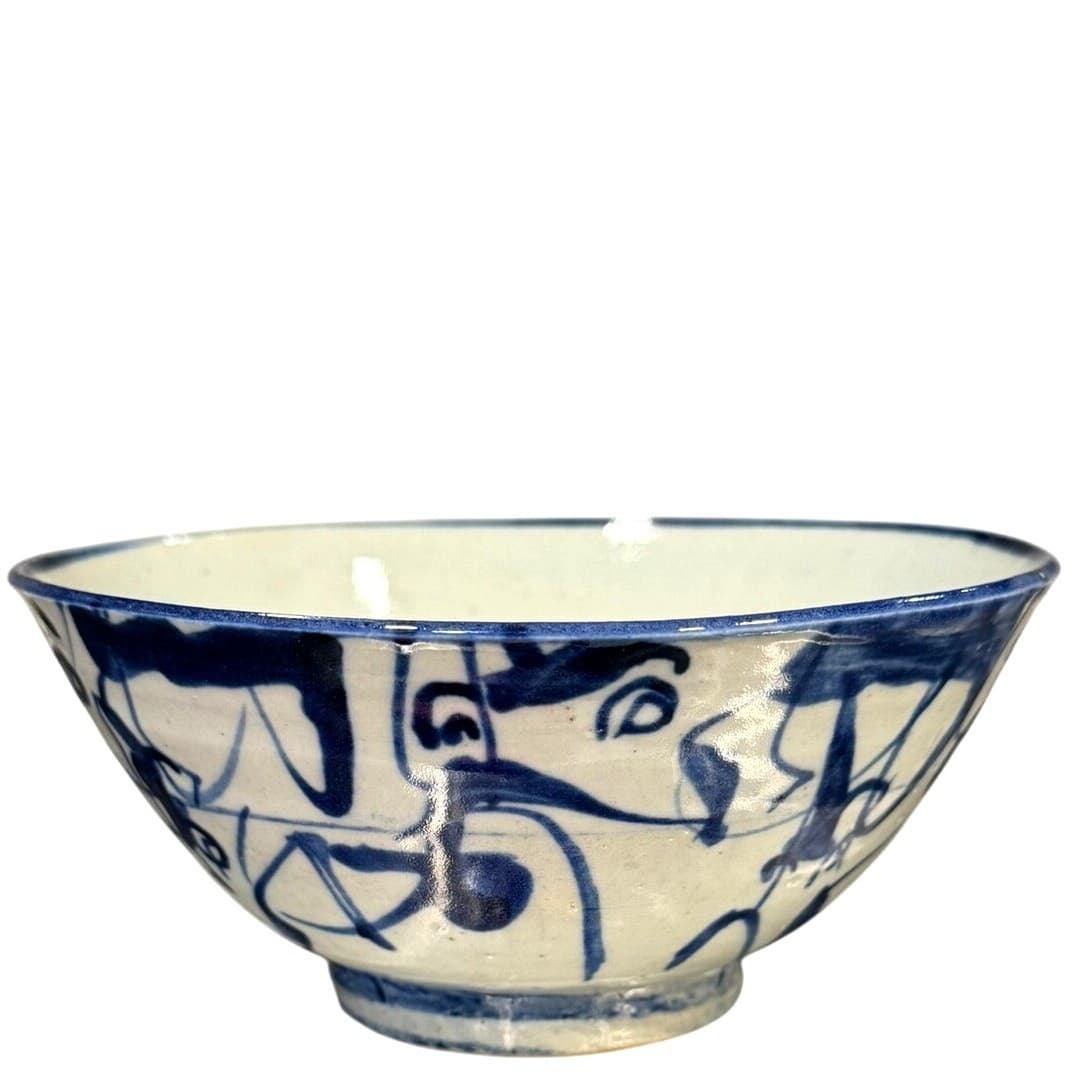 Japanese Studio Pottery Blue White Chawan Rice Bowl Signed Hand Painted 5.5" - Thumbnail 3