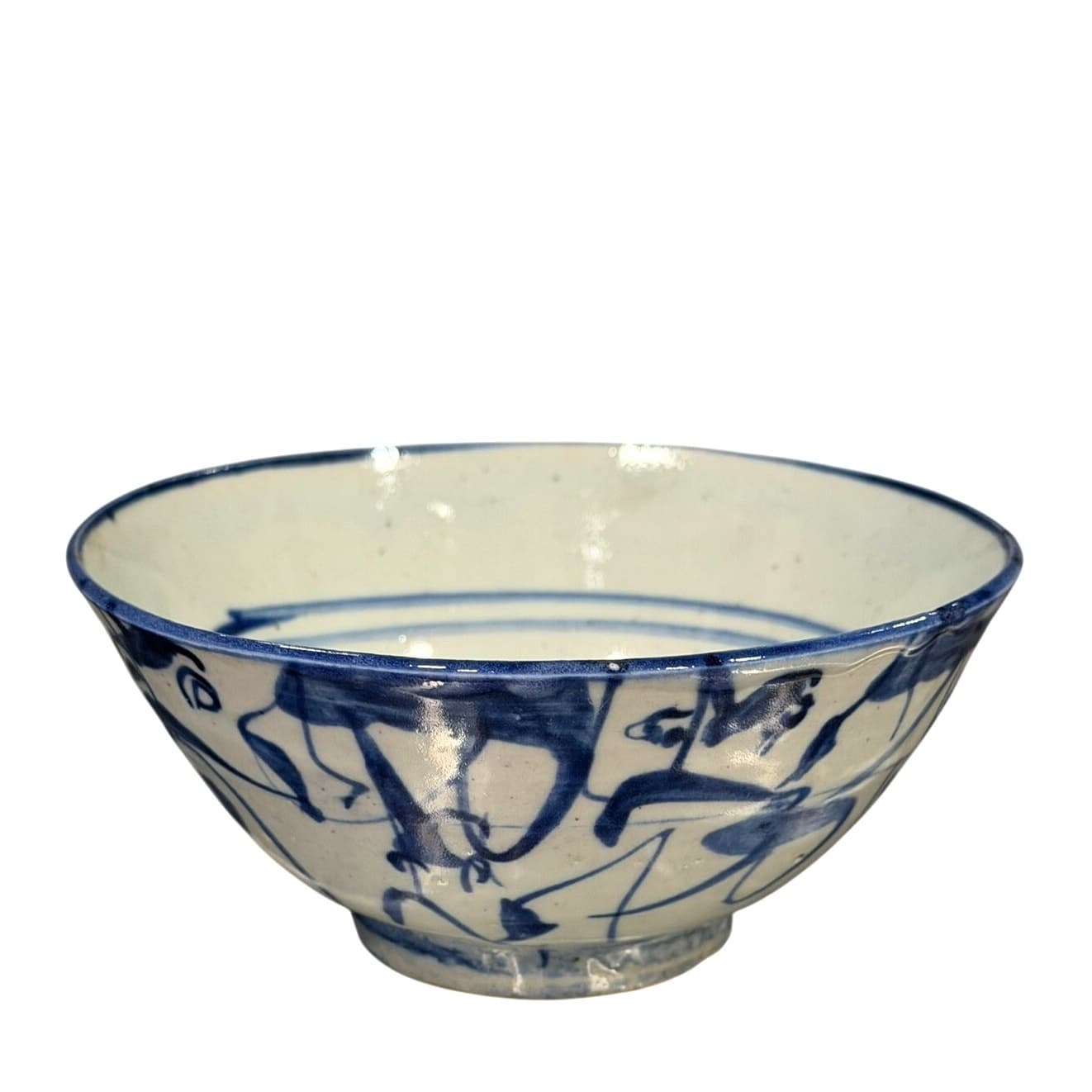 Japanese Studio Pottery Blue White Chawan Rice Bowl Signed Hand Painted 5.5"