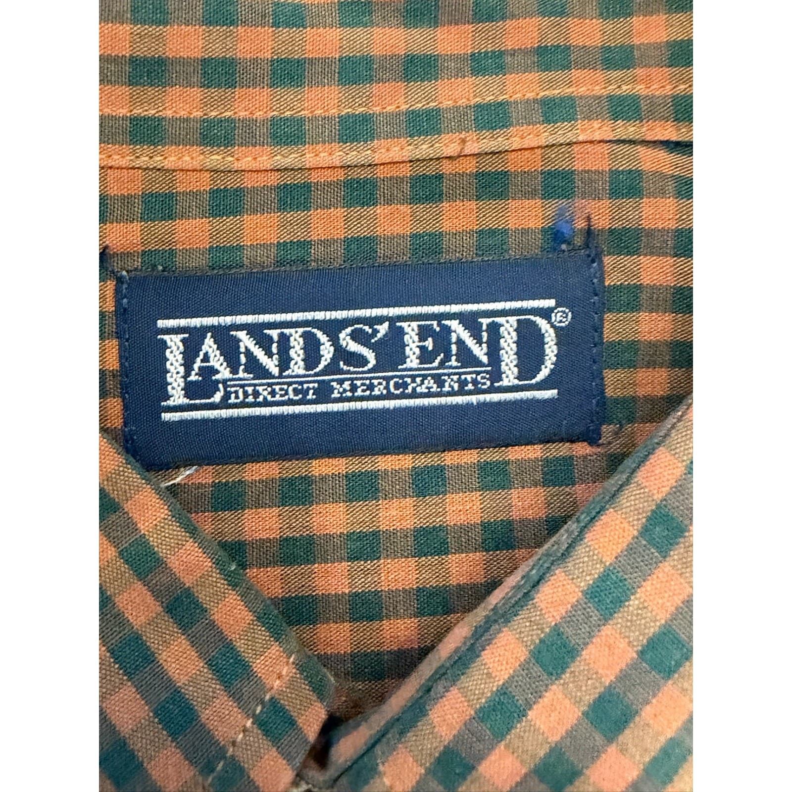 Lands' End Mens XL Button Down Shirt Brown Rust Gingham Check Long Sleeve - Thumbnail 4