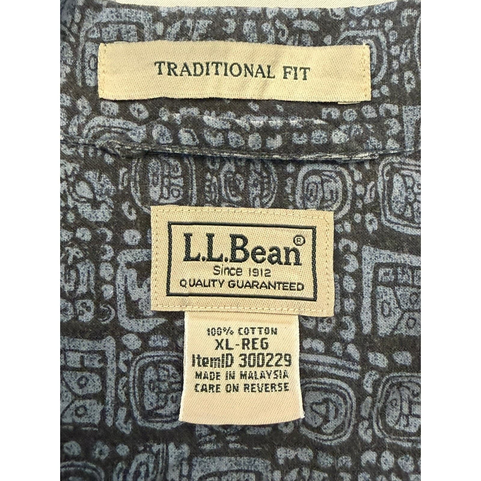 L.L.Bean Traditonal Fit XL Blue Gray Geometric Camp Shirt 100% Cotton EUC - Thumbnail 4