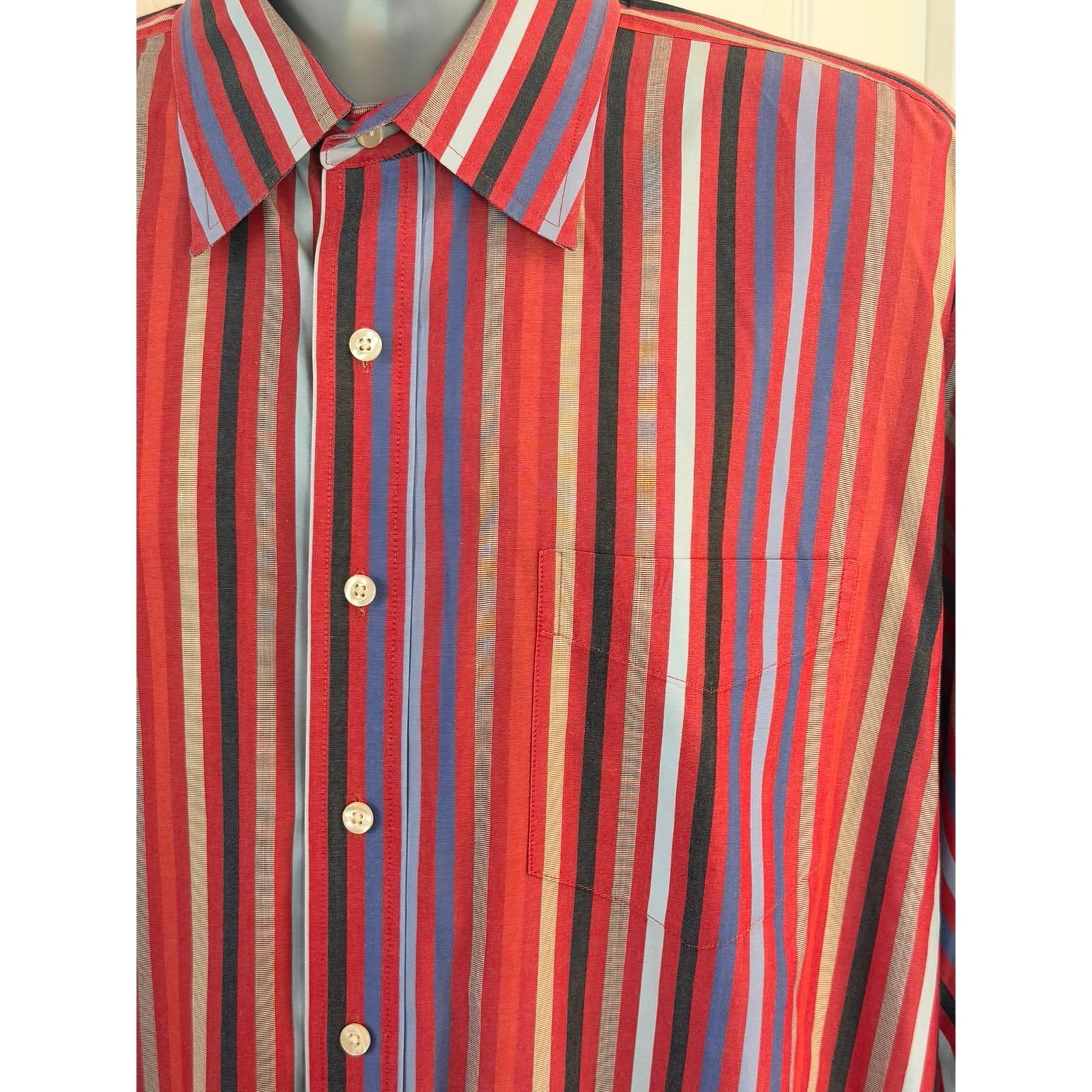 GAP Classic Men's XL Red Blue Striped Button Front Shirt Long Sleeve Cotton - Thumbnail 2