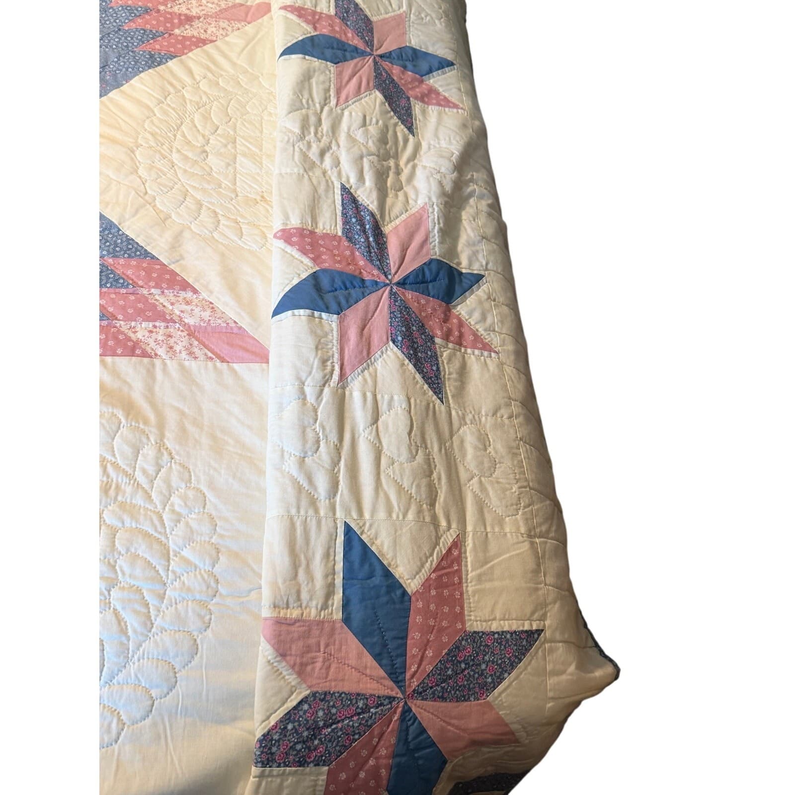 Vintage Handmade Lone Star / Starburst Quilt – Blue & Pink Floral Cottage Style - Thumbnail 6