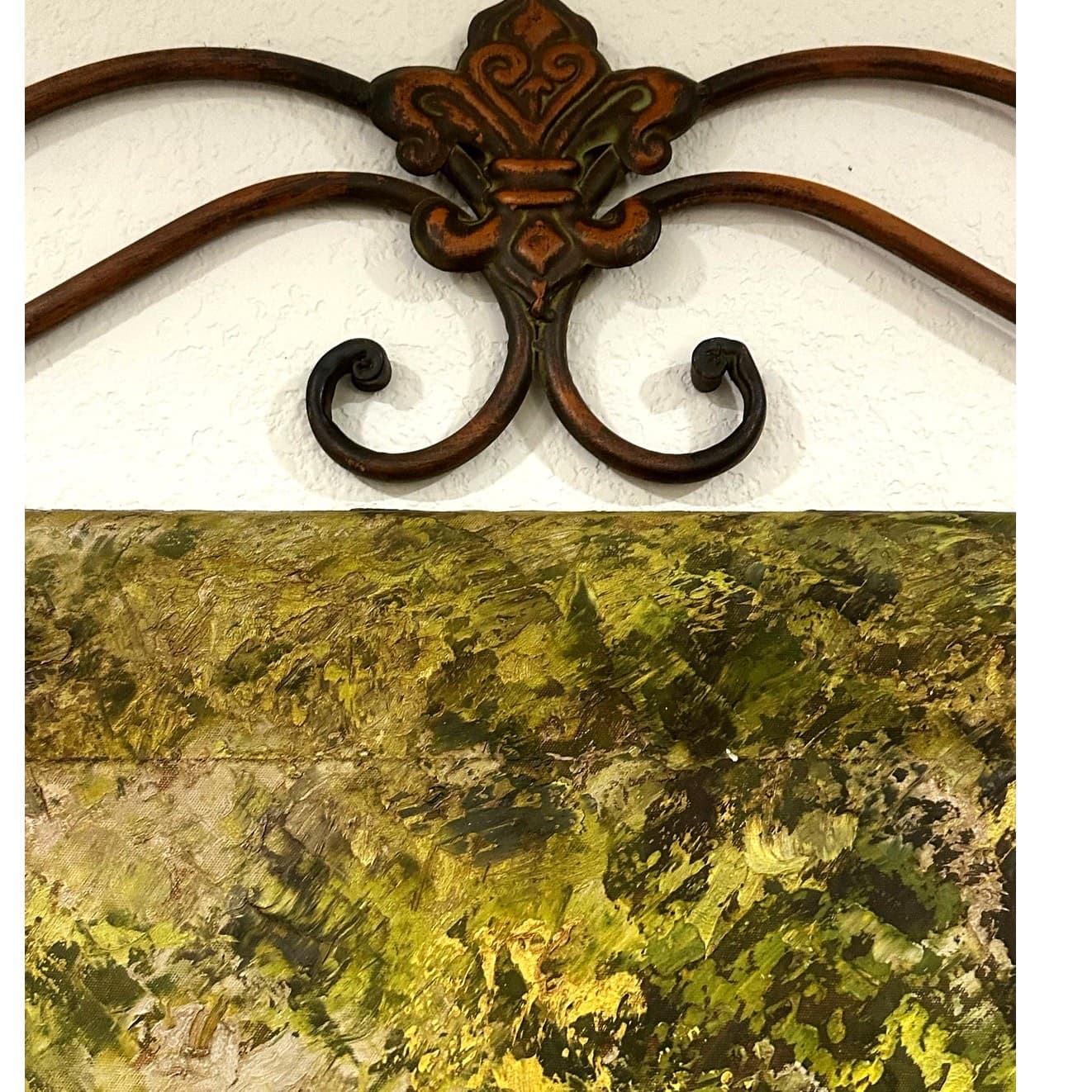 Wrought Iron Wall Hanging Hand Painted Oil Canvas Autumn Forest Scene 36” x 42” - Thumbnail 2