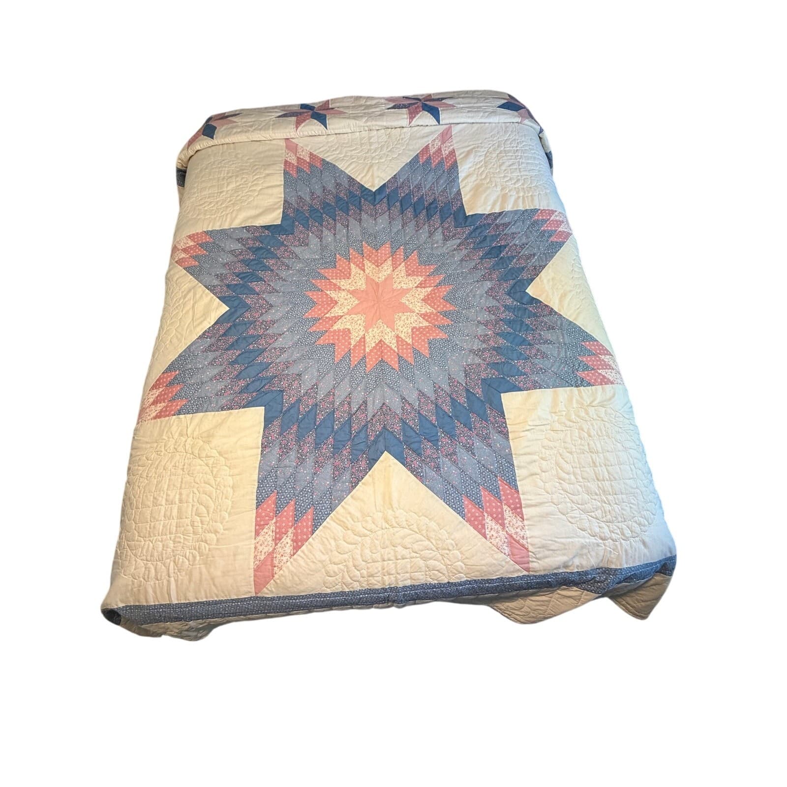 Vintage Handmade Lone Star / Starburst Quilt – Blue & Pink Floral Cottage Style