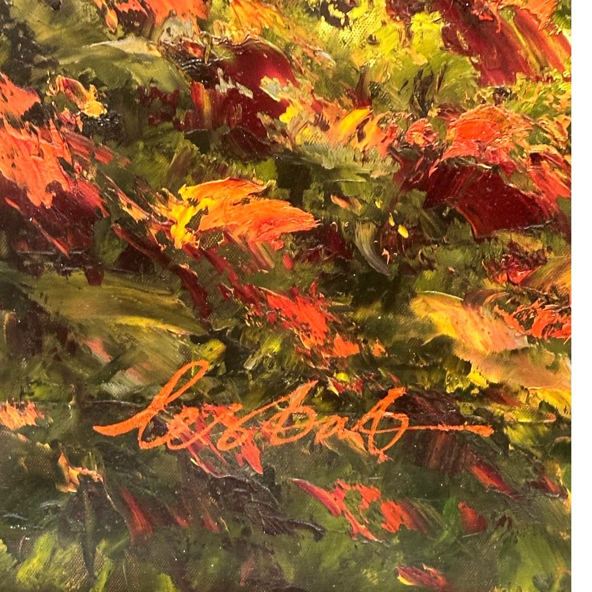 Wrought Iron Wall Hanging Hand Painted Oil Canvas Autumn Forest Scene 36” x 42” - Thumbnail 5