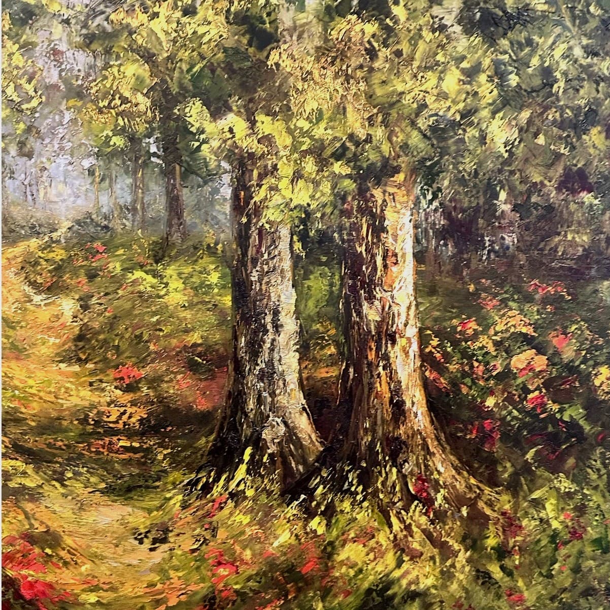 Wrought Iron Wall Hanging Hand Painted Oil Canvas Autumn Forest Scene 36” x 42” - Thumbnail 4