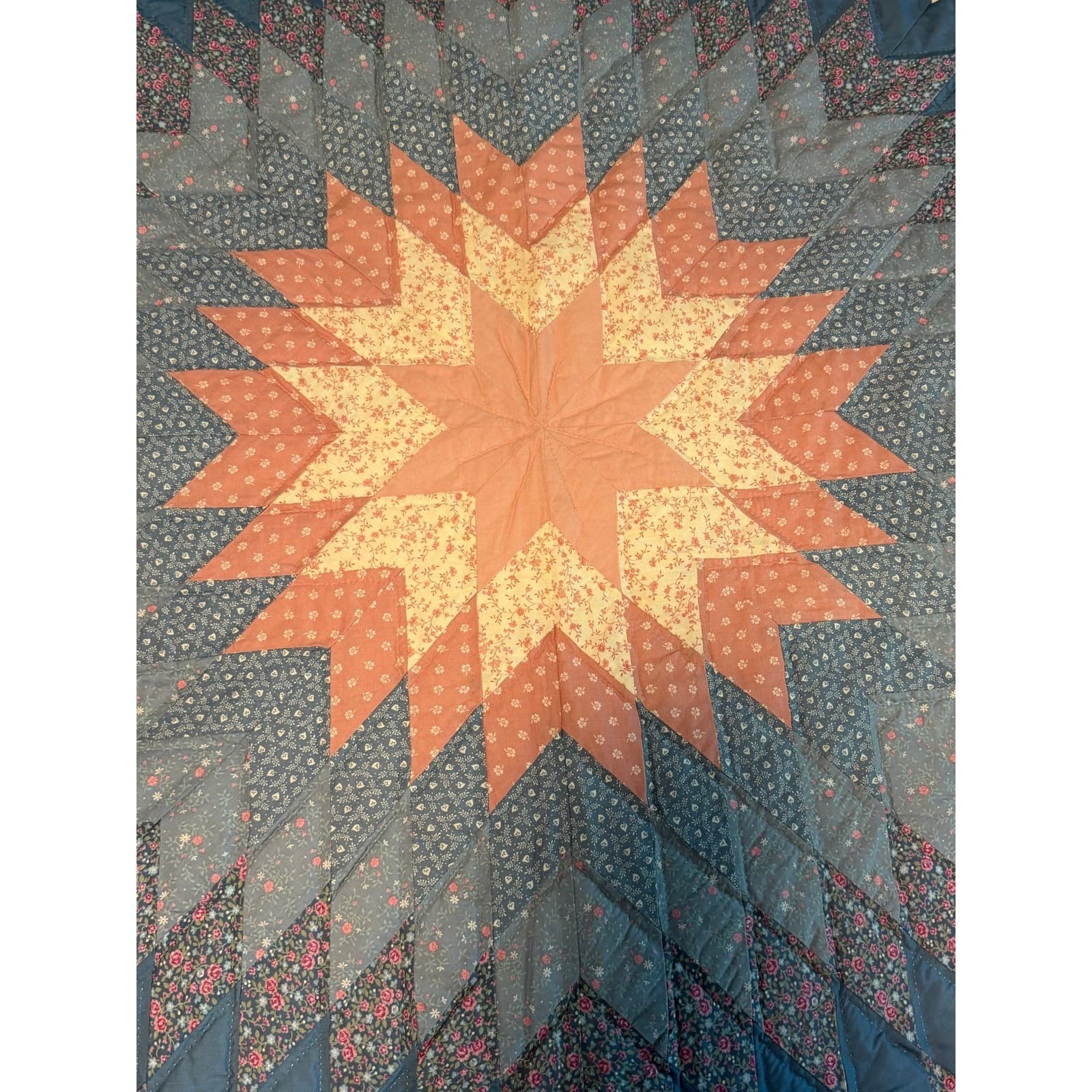 Vintage Handmade Lone Star / Starburst Quilt – Blue & Pink Floral Cottage Style - Thumbnail 2