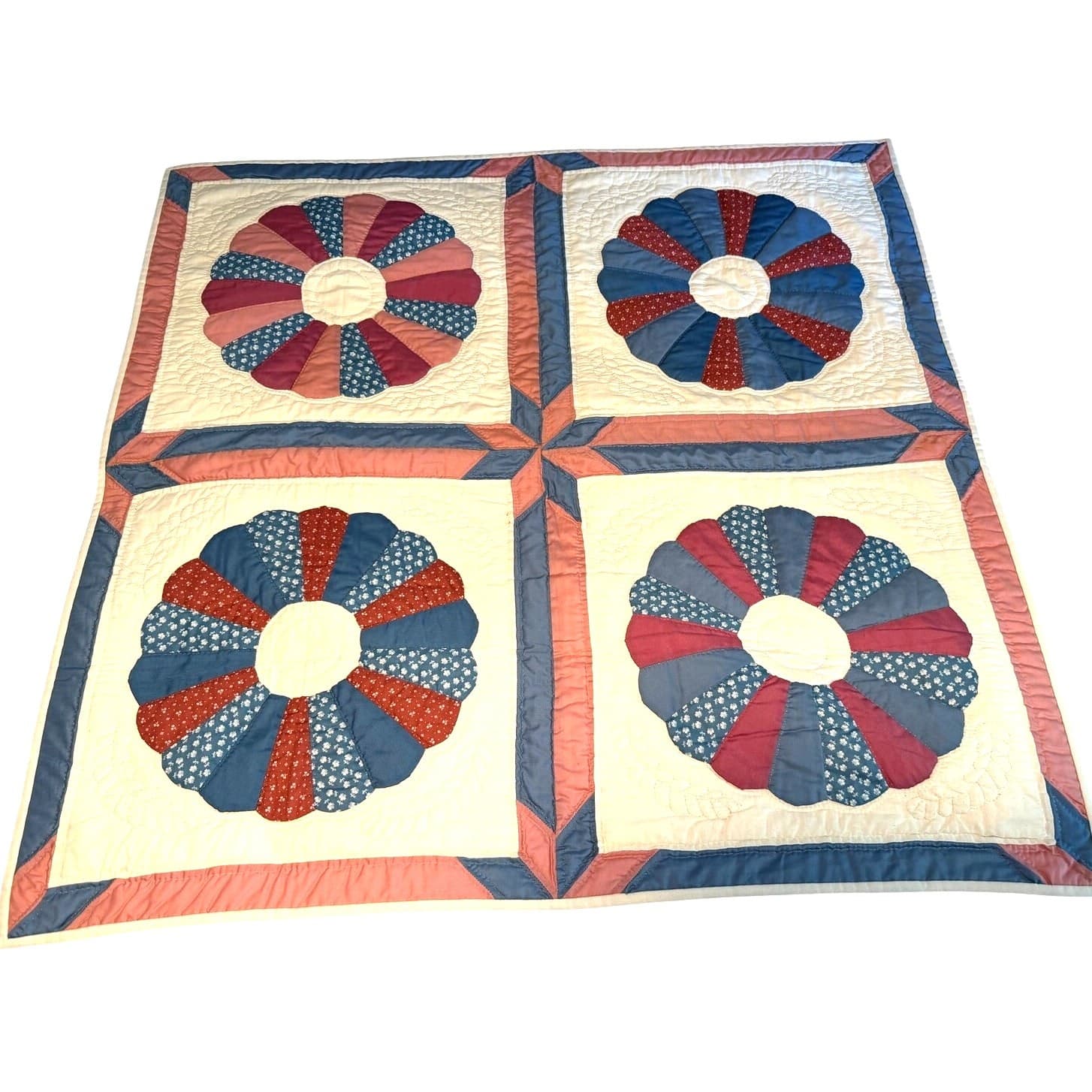 Vintage Quilted Wall Hanging Pillow Sham Set Dresden Plate Cottage Farmhouse - Thumbnail 2