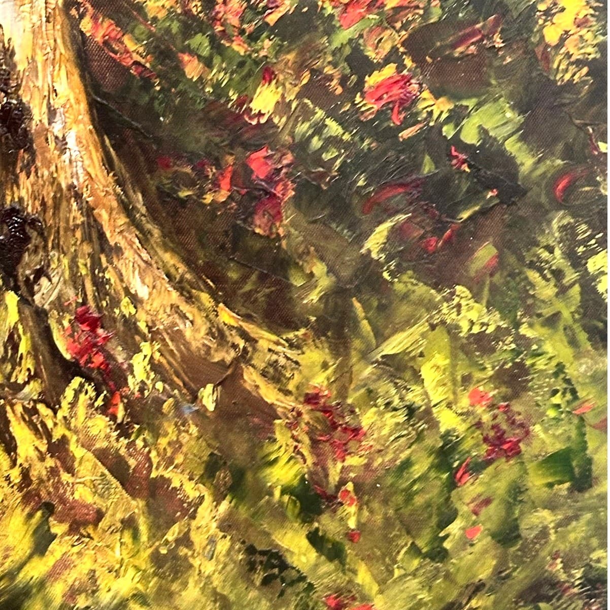 Wrought Iron Wall Hanging Hand Painted Oil Canvas Autumn Forest Scene 36” x 42” - Thumbnail 6