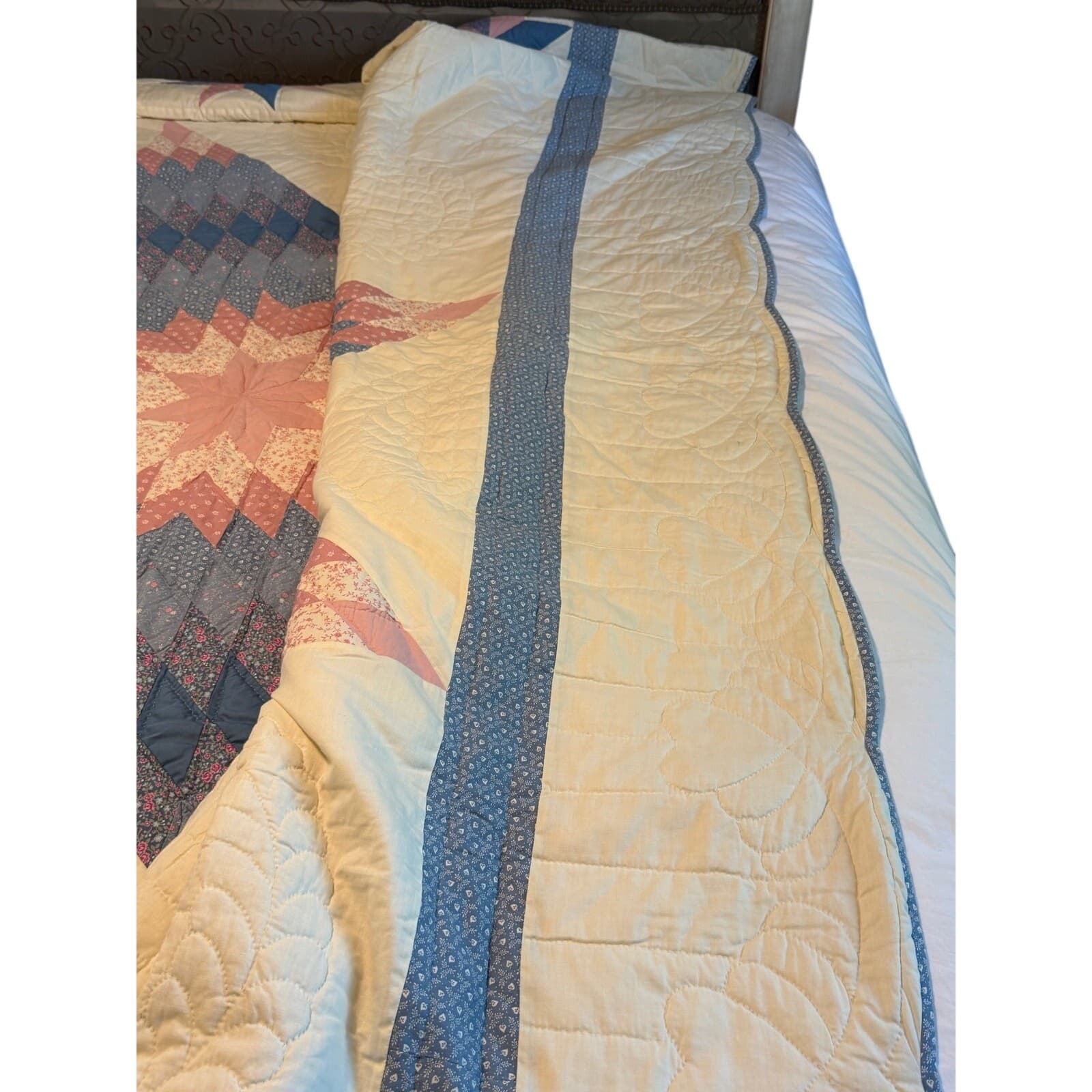 Vintage Handmade Lone Star / Starburst Quilt – Blue & Pink Floral Cottage Style - Thumbnail 7