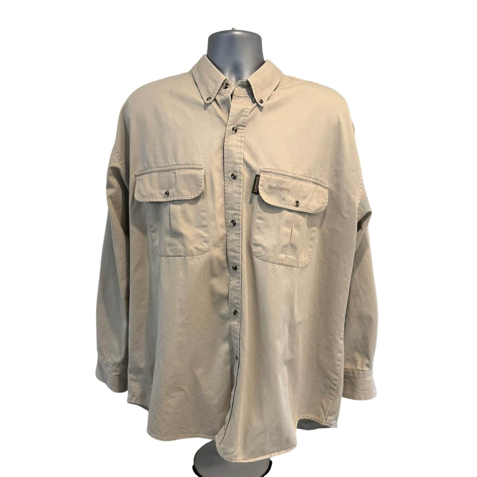 Remington Outdoor Clothing Men's XL Khaki Button Front Fishing Shirt 100% Cotton