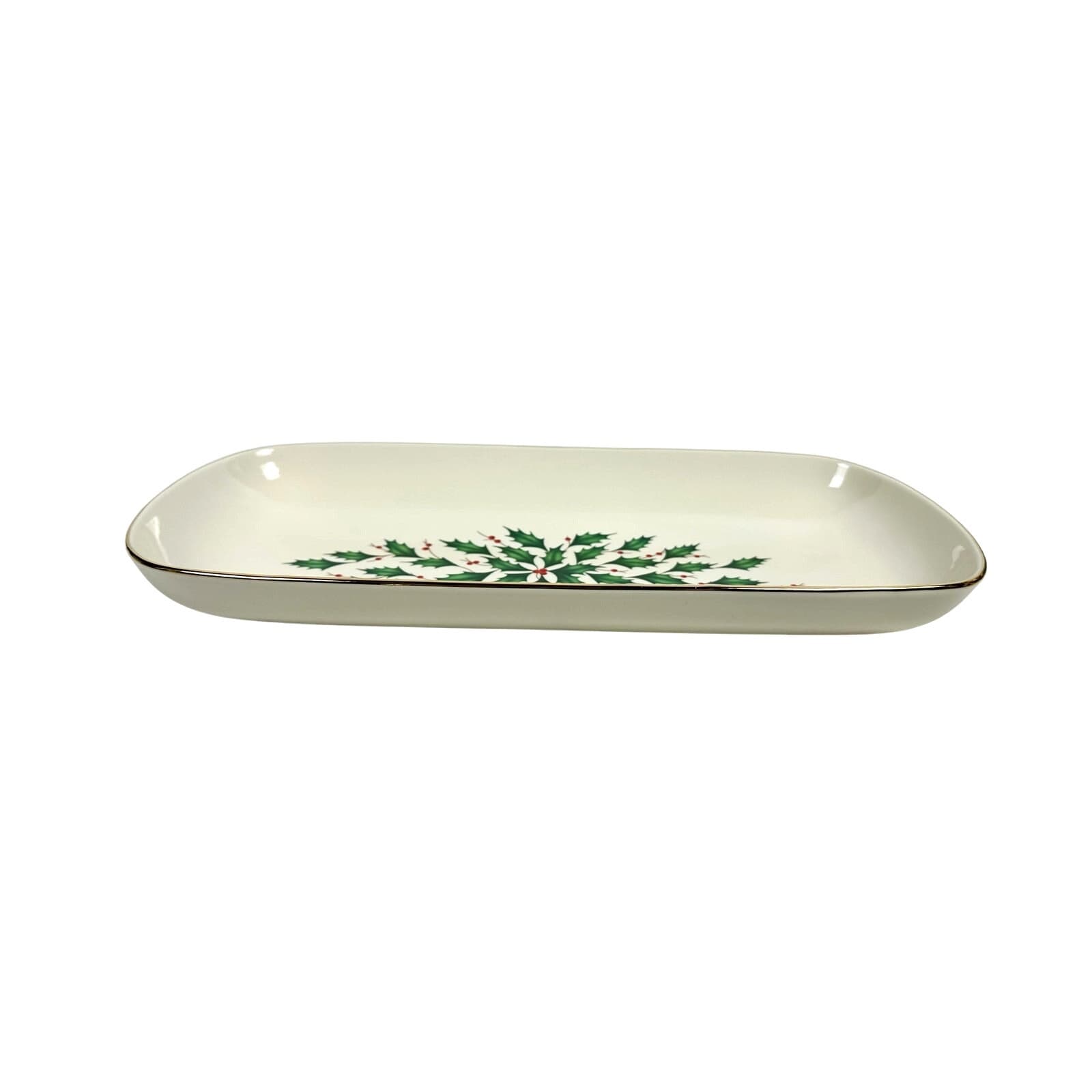 Lenox Holiday Dimension Holly Berries Gold Rim 14.5" x 7" Rectangular Bread Tray - Thumbnail 2