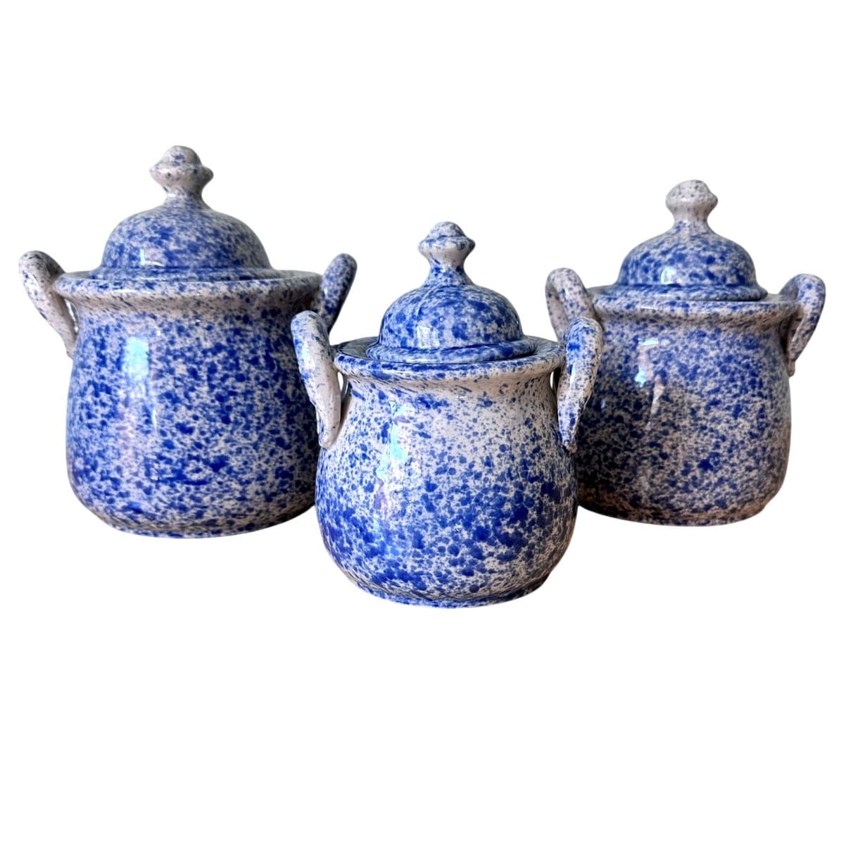 Blue and White Spongeware Loop Handled Canisters-Set of 3-Excellent!
