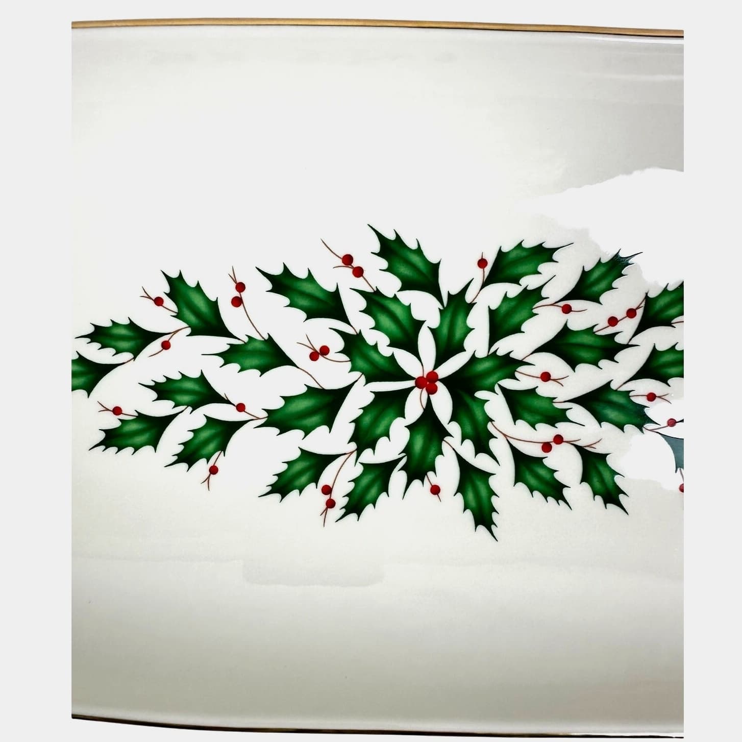 Lenox Holiday Dimension Holly Berries Gold Rim 14.5" x 7" Rectangular Bread Tray - Thumbnail 4